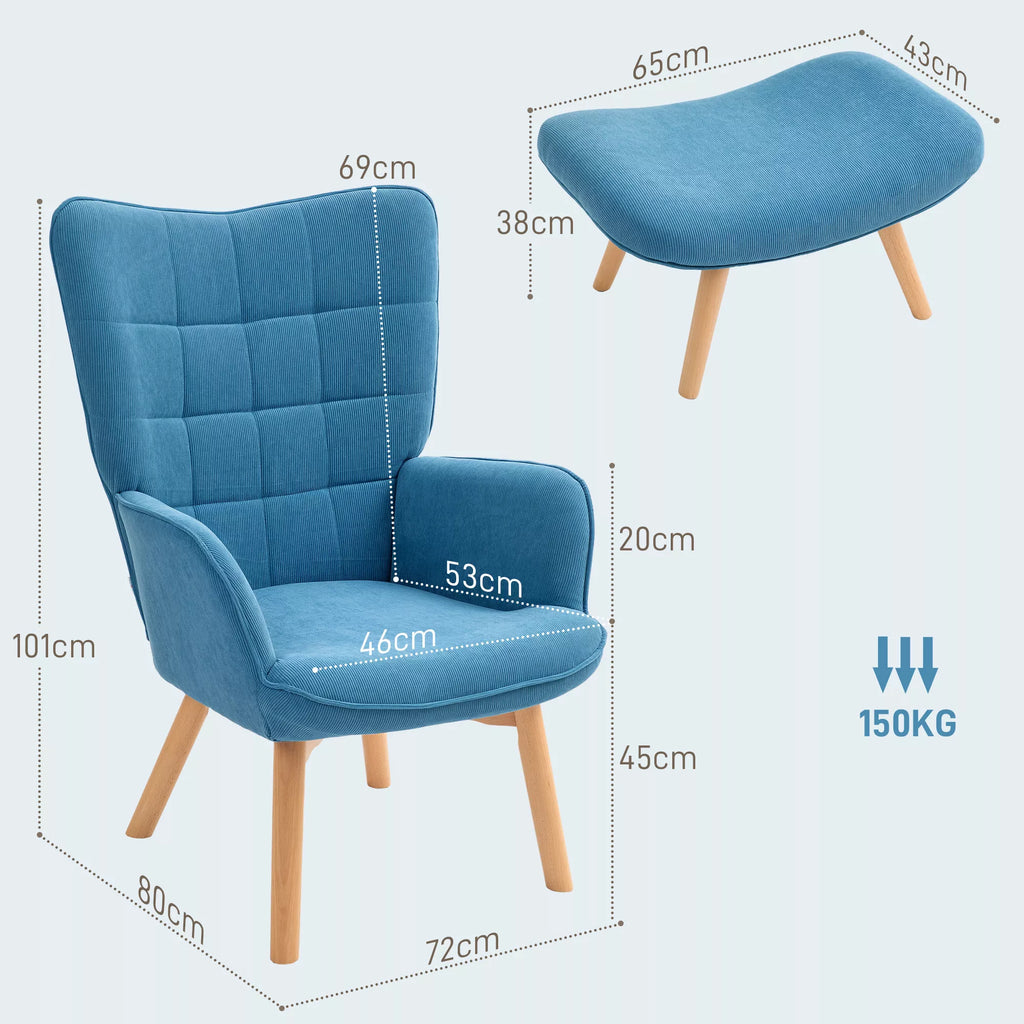 Fotelis su pufiku, reguliuojamas, 101 cm, mėlynas