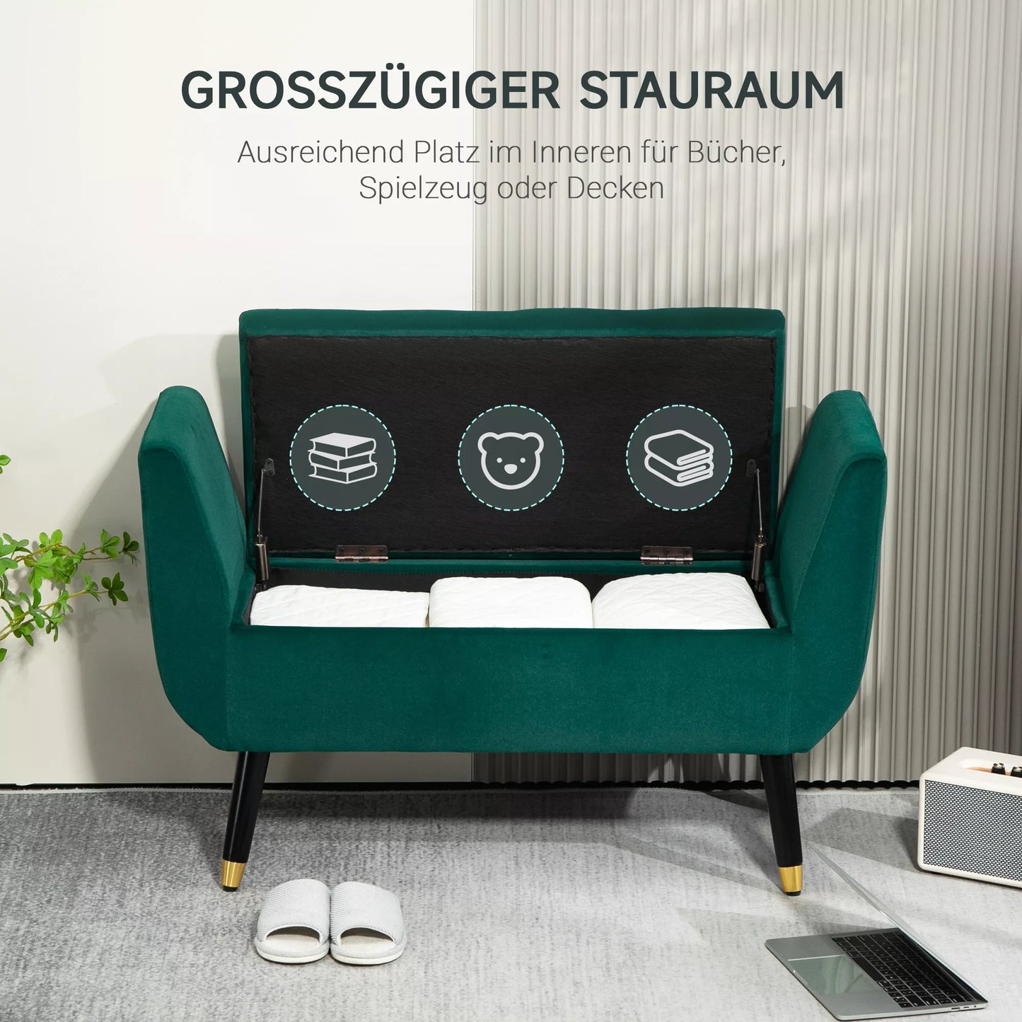 Minkštas suolas su daiktadėže ir porankiais, samaninio poliesterio apmušalas, guminmedžio mediena, 107 x 42 x 65 cm, žalias.