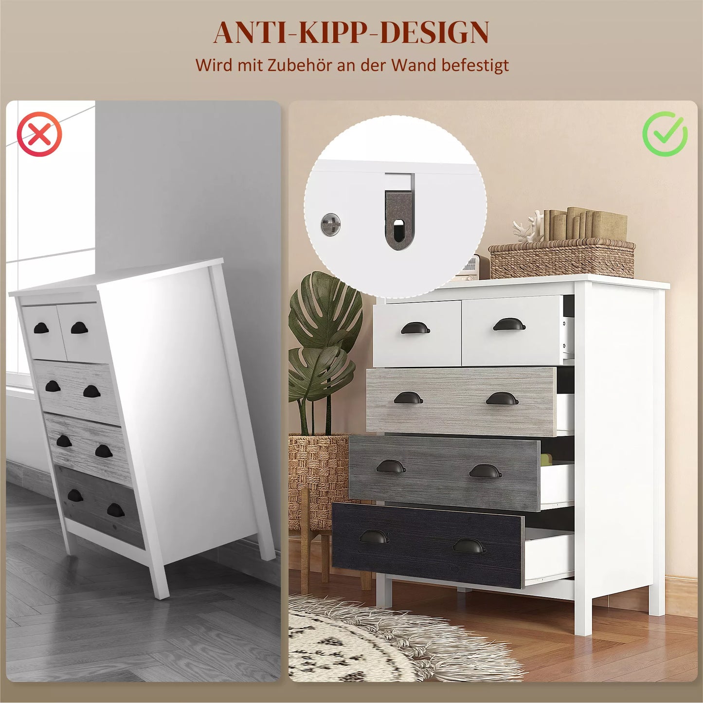 Bufetas, komoda, 5 stalčiai, lakuotas paviršius, MDF ir pušies mediena, 70 x 38 x 85 cm, balta