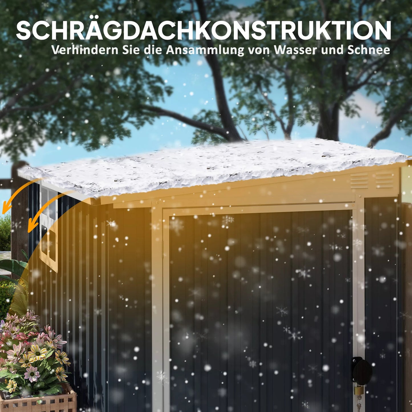 Sodo sandėliavimo pašiūrė, įrankių namelis sodo įrankiams, su langais, vėdinimo angomis, užrakinama, plieninė, tamsiai pilka