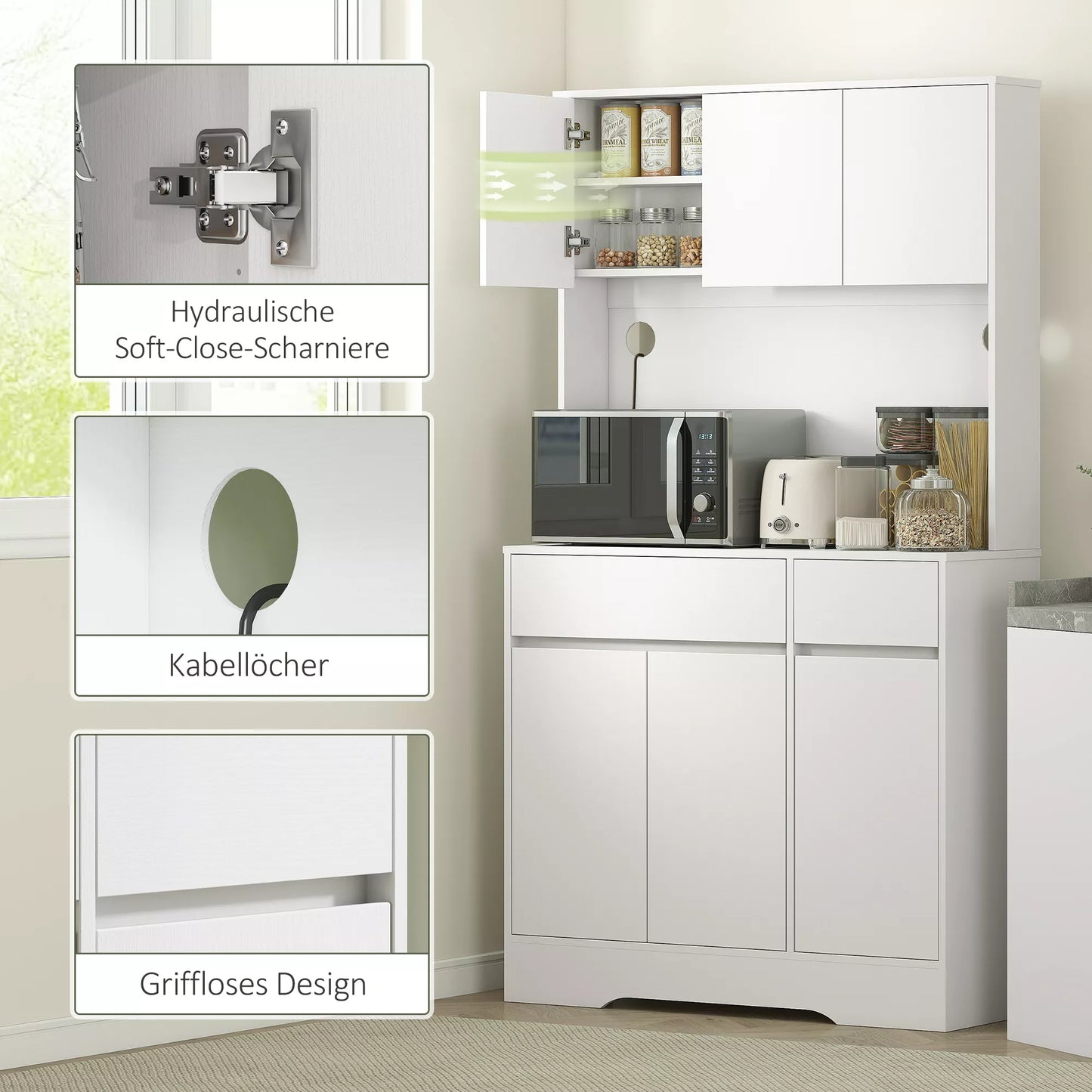 Virtuvinė spintelė su atvira darbo zona, 6 durelėmis, 2 stalčiais, reguliuojamomis lentynomis, kabelių angomis, medžio drožlių plokštė, balta.