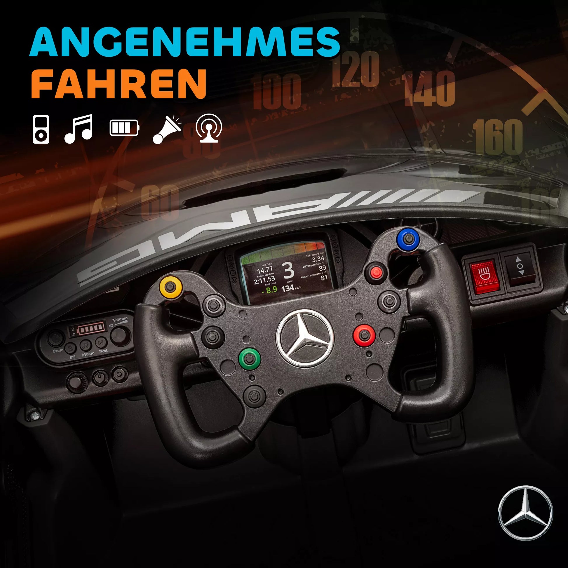 „Mercedes“ elektrinis automobilis, vaikiškas automobilis, 12 V baterija, LED žibintai, muzikos funkcija, signalas, 3–8 metai, juodos spalvos