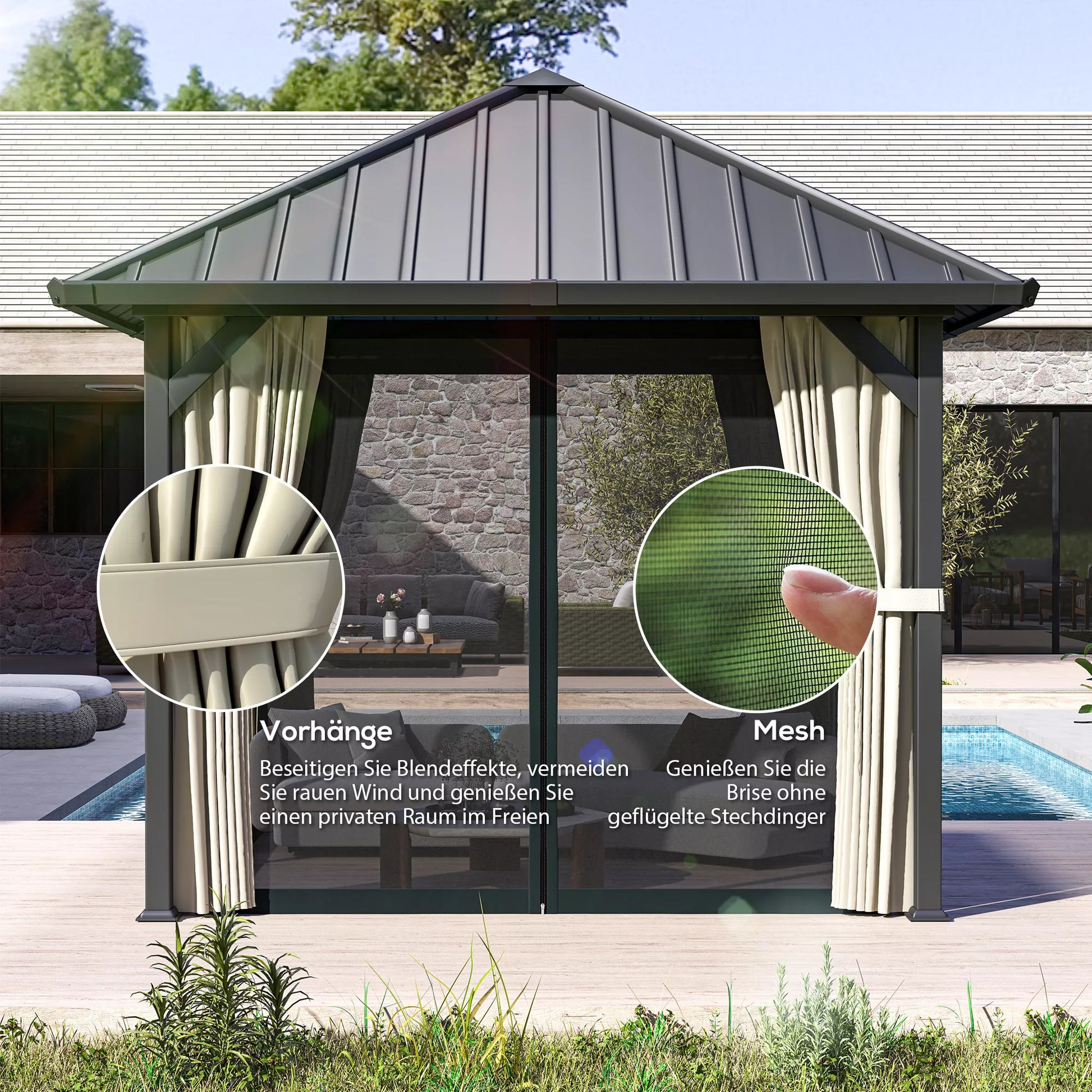 3 x 3 m kietas stogas paviljonas, sodo paviljonas su metaliniu stogu, vandeniui atspari sodo palapinė su tinkleliu ir šoninėmis sienomis, tamsiai pilka