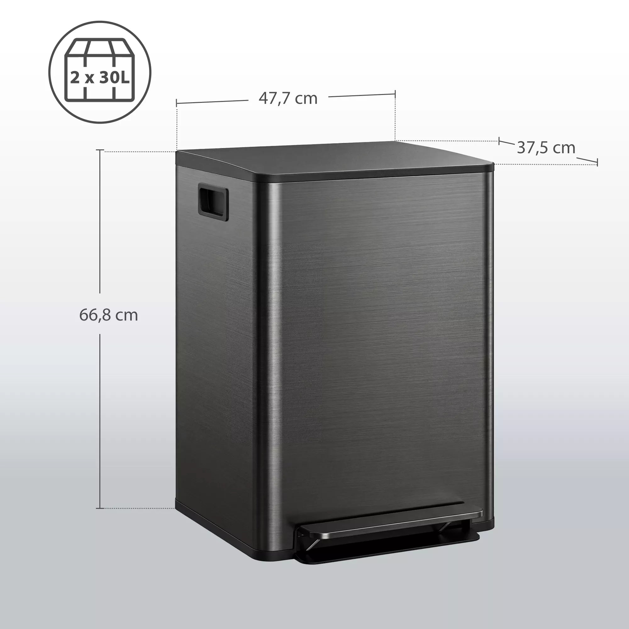 Šiukšliadėžė su 2x30 l skyrių, minkštu uždarymo dangčiu, apsaugota nuo pirštų atspaudų, nerūdijančio plieno, juodos spalvos