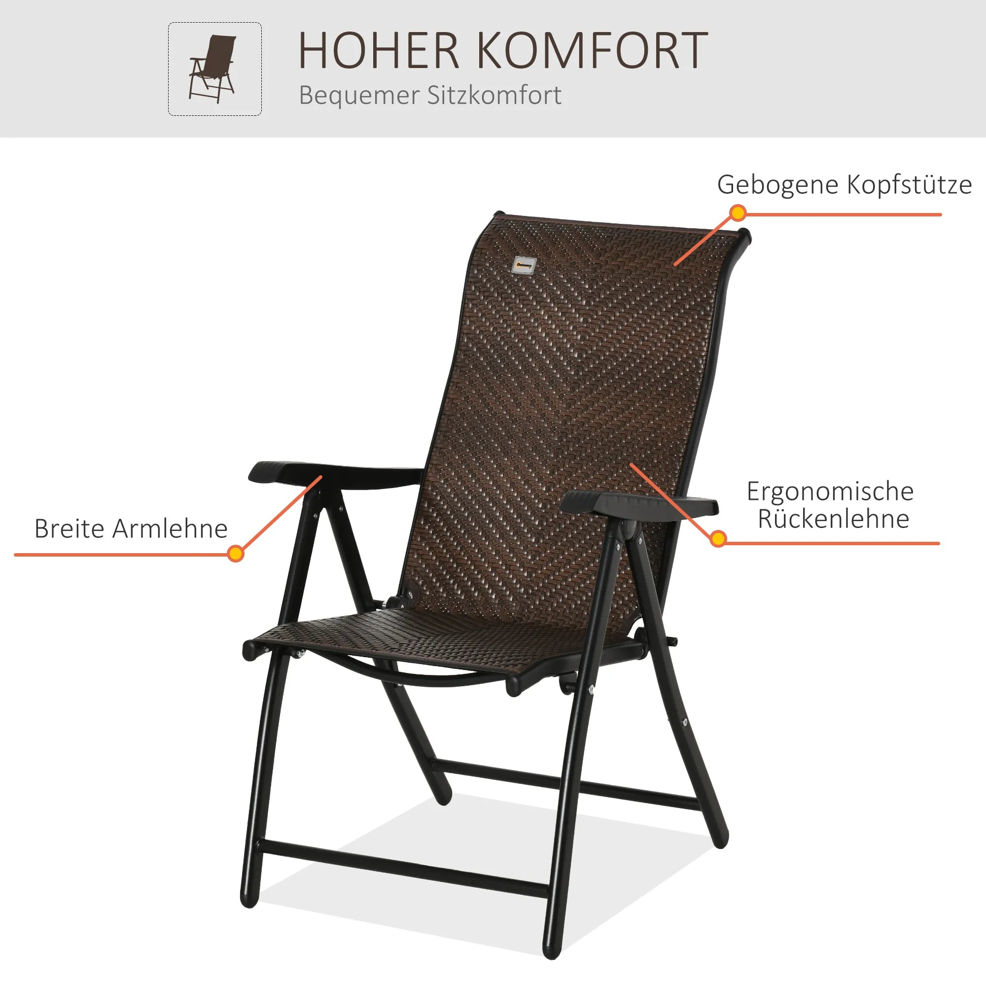 Polyrattan sodo kėdė Sulankstoma kėdė su 7 pakopų reguliuojamu atlošu, atspari oro sąlygoms, sulankstoma balkono kėdė, kempingo kėdė, 120 kg apkrova, sodo kėdės sodui, balkonui, 58x71x111 cm, ruda + juoda
