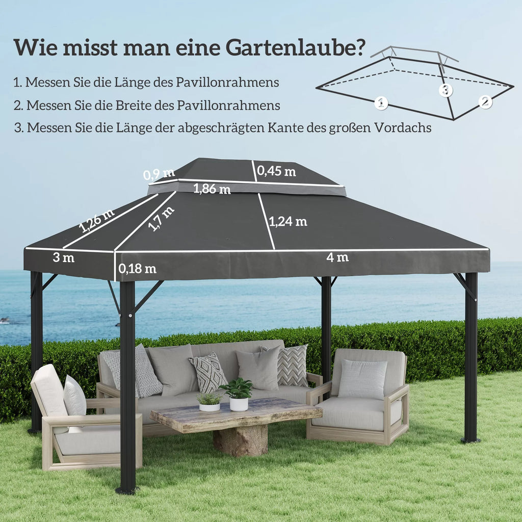 Pavilion pakaitinis stogas, 3 x 4 m, pakaitinis tentas su vandens nutekėjimo angomis, poliesteris, apsauga nuo saulės, UPF30+, tamsiai pilkos spalvos