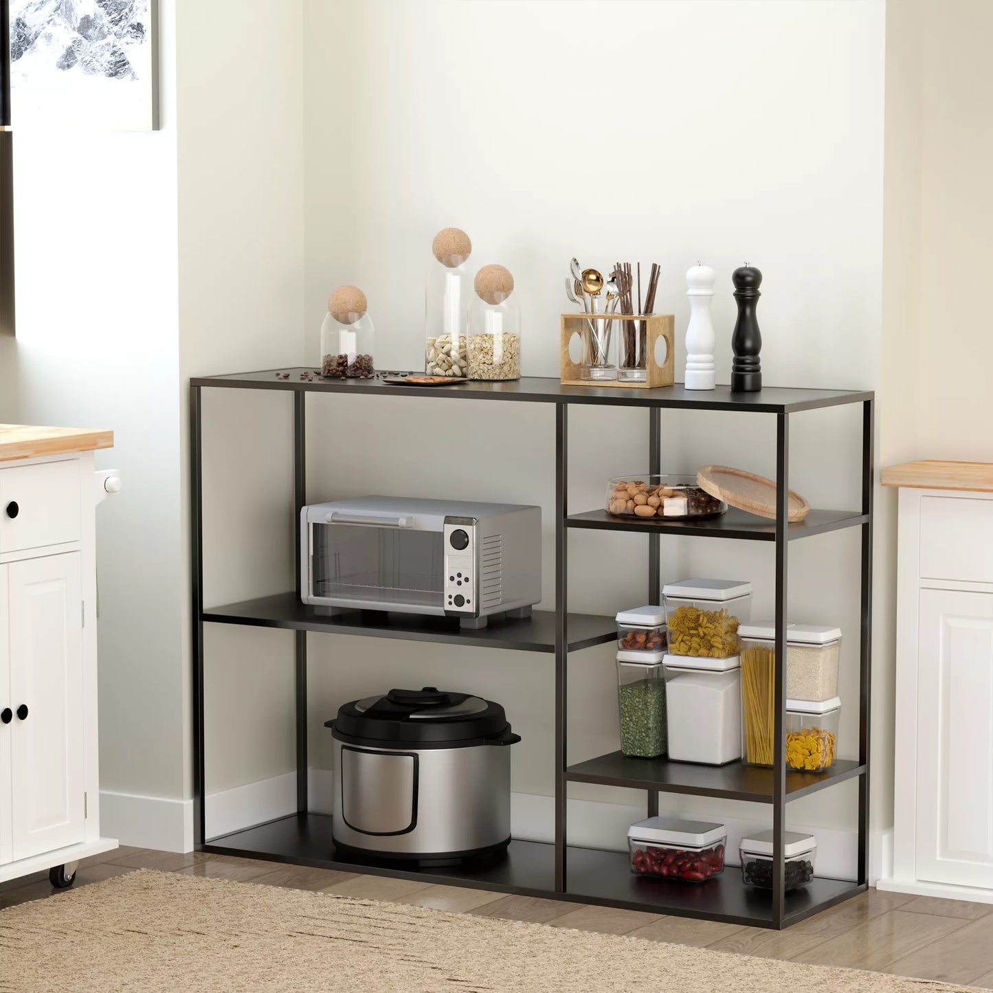 Pastatoma knygų lentyna su 5 atviromis lentynomis, laikymo lentyna su metaliniu rėmu, kubinė lentyna virtuvei, svetainei, juoda, 120 x 35 x 87,5 cm