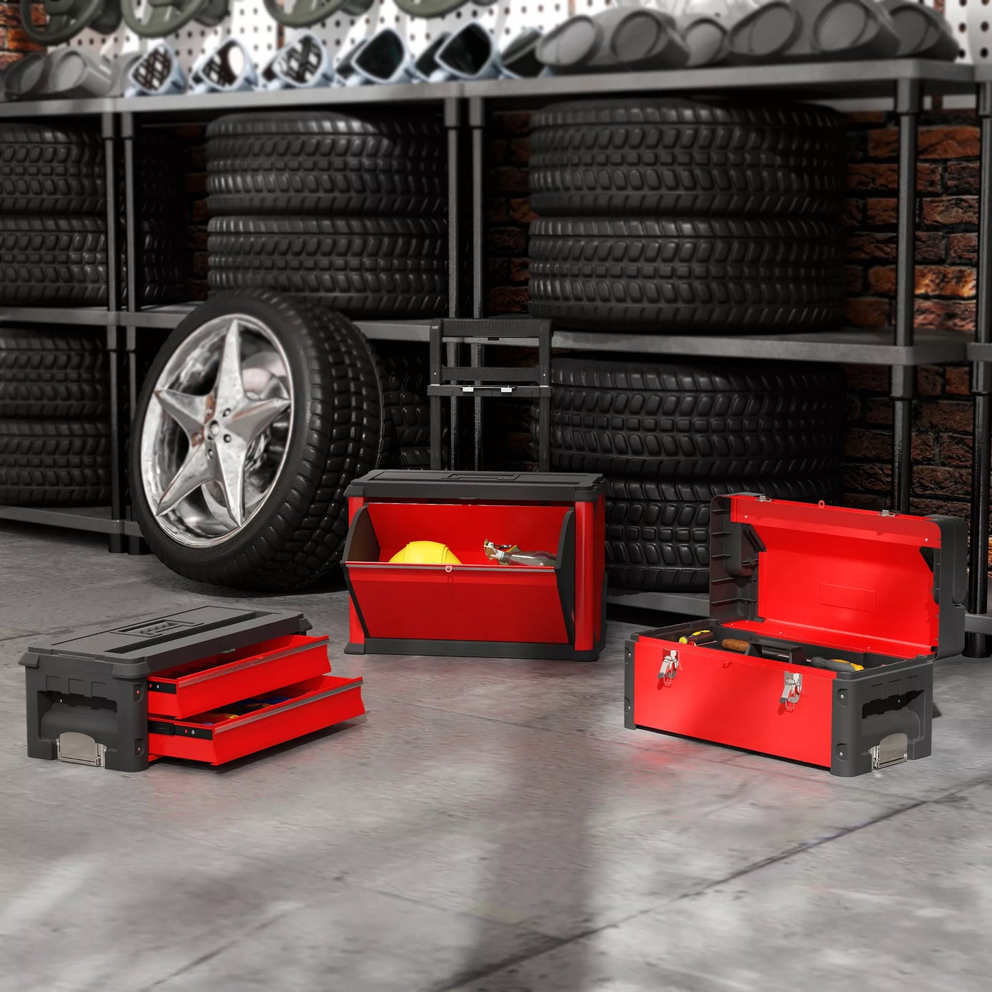 3 pakopų įrankių dėžių rinkinys su ratukais, sujungiamas, plienas, plastikas