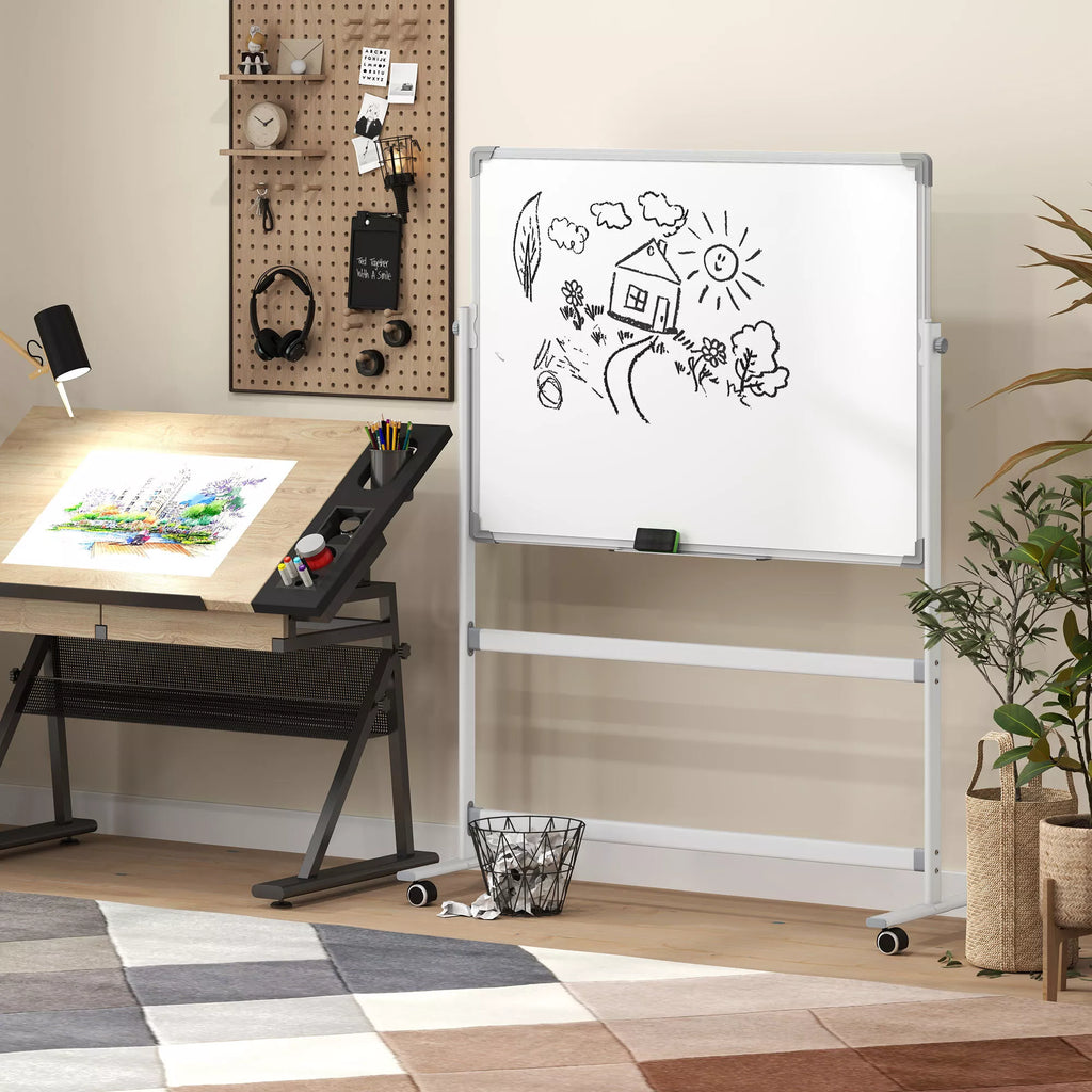 Balta lenta, 120 x 90 cm, magnetinė, pasukama, mobilioji, su žymekliu ir kempine, metalinis rėmas, balta