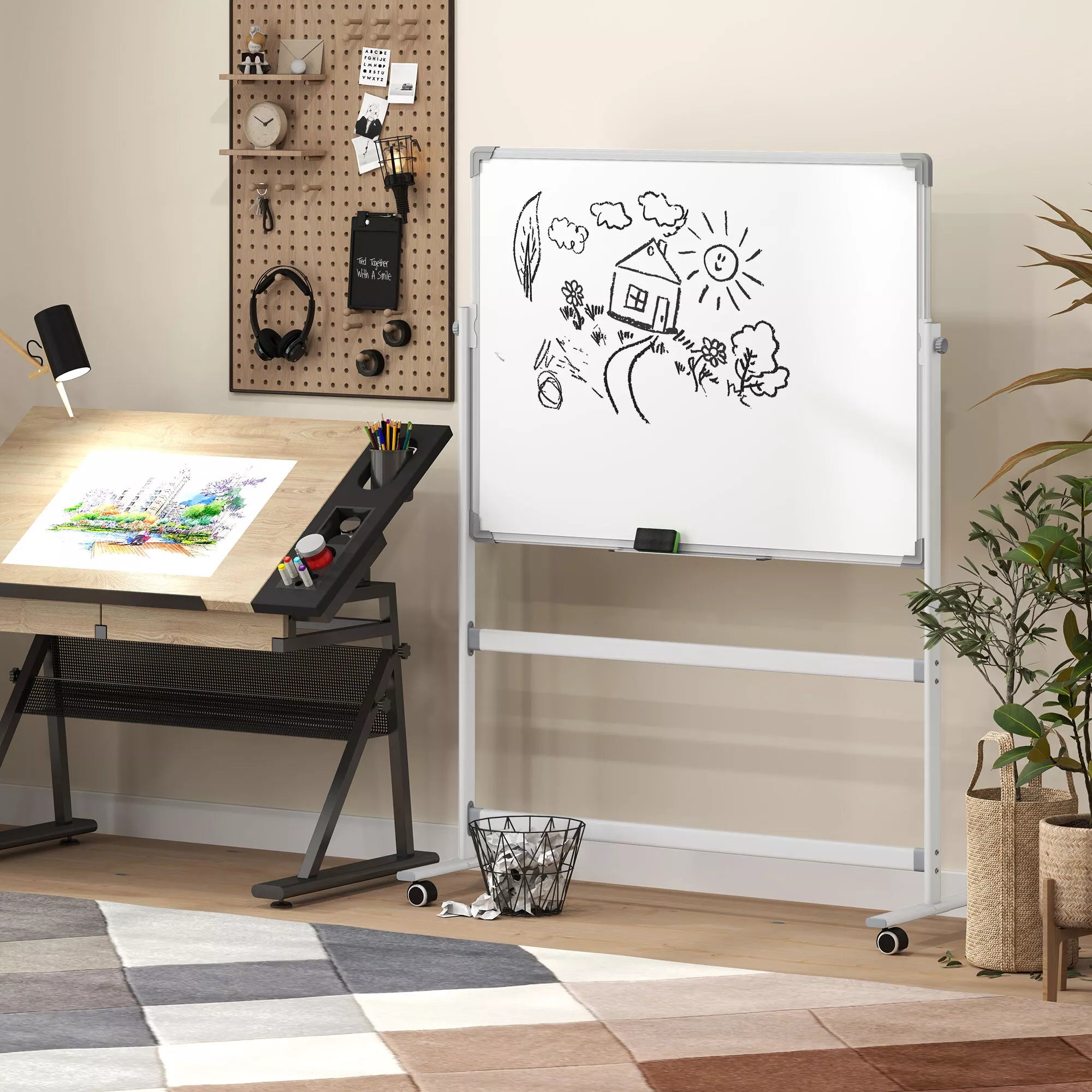 Balta lenta, 120 x 90 cm, magnetinė, pasukama, mobilioji, su žymekliu ir kempine, metalinis rėmas, balta