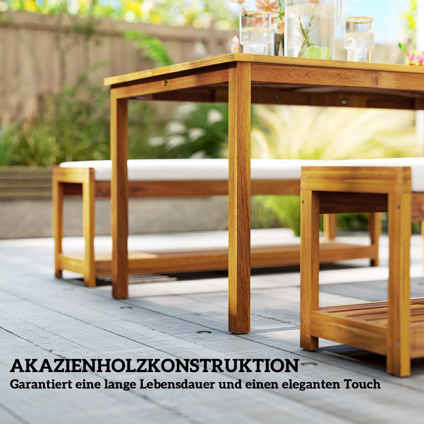 3 dalių sodo baldų komplektas, sėdimasis komplektas, įsk. 1 valgomąjį stalą su skylute skėčiui, 2 suolus 150 x 85 x 75 cm tikmedžio medienos