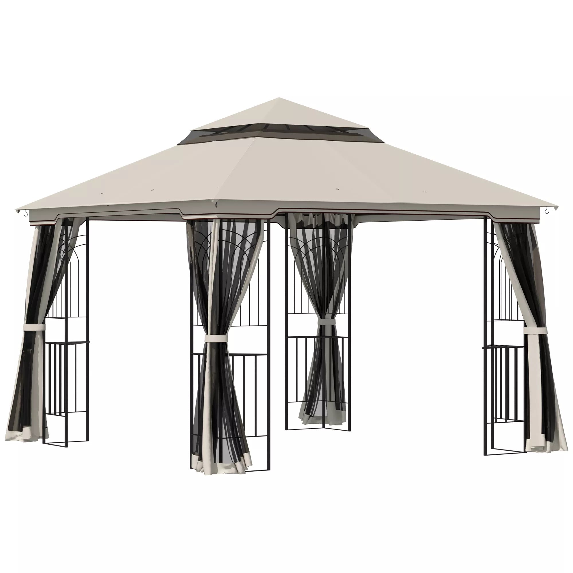 Sodo paviljonas su dvigubu stogu Paviljonas Sodo palapinė Šventinė palapinė 4 x šoninės sienos Metalo + poliesterio smėlio spalvos 2,99 x 2,99 x 2,74 m