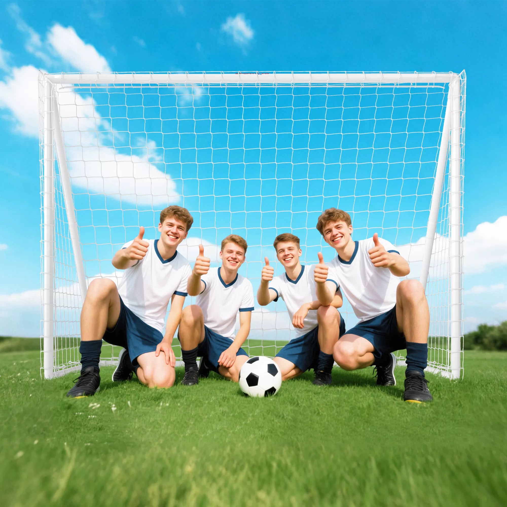 Vaikinai prie baltų futbolo vartų pievoje