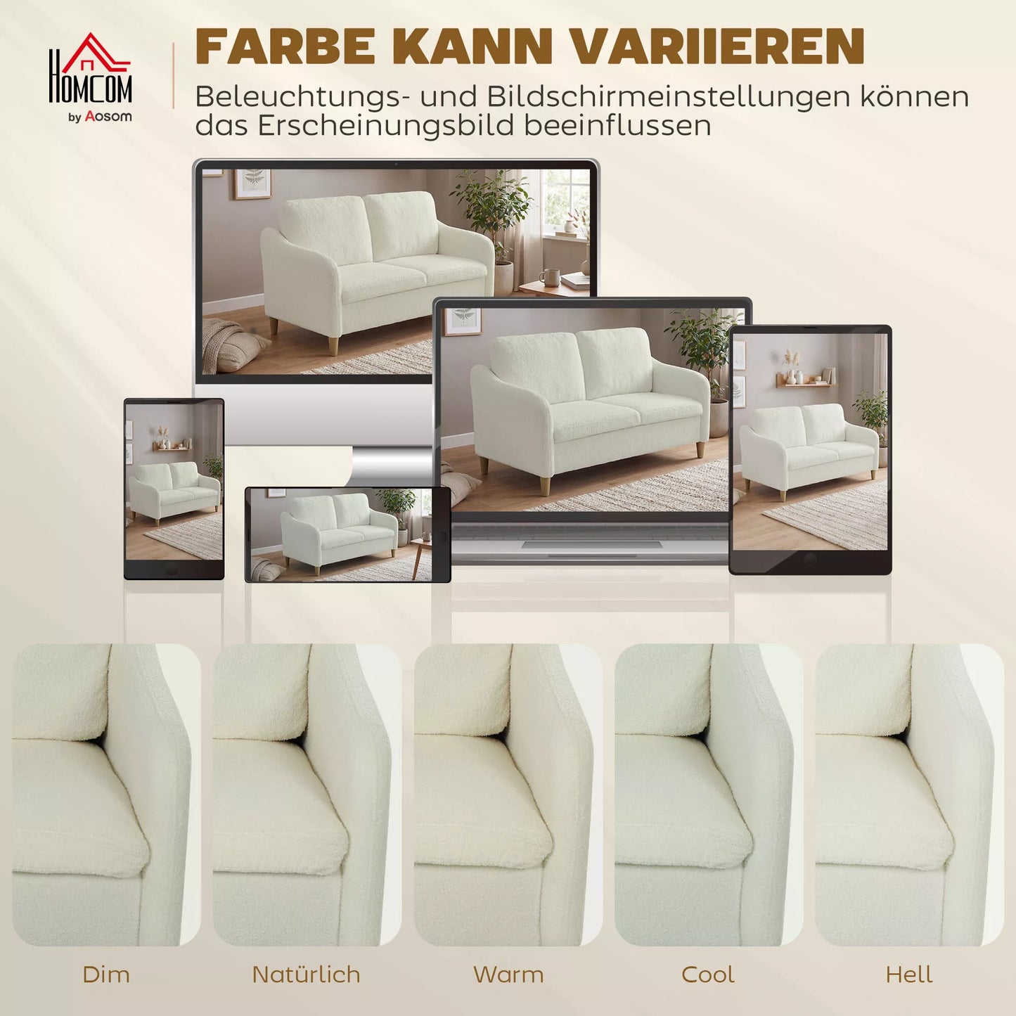 2 vietų sofa, maža sofa su šerpa vilnos išvaizda, 137 cm, skirta svetainei, kreminė balta