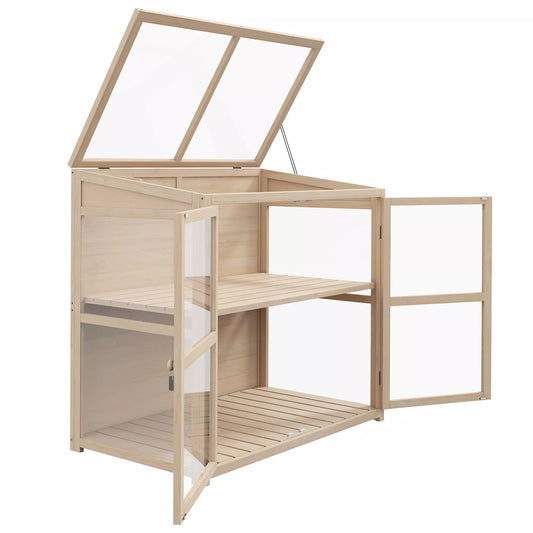 Pakeltas lysvas (šiltnamis/sodinimo lysvė), atsparus oro sąlygoms, 2 pakopos, eglės mediena, 103 x 61 x 103 cm, natūralus