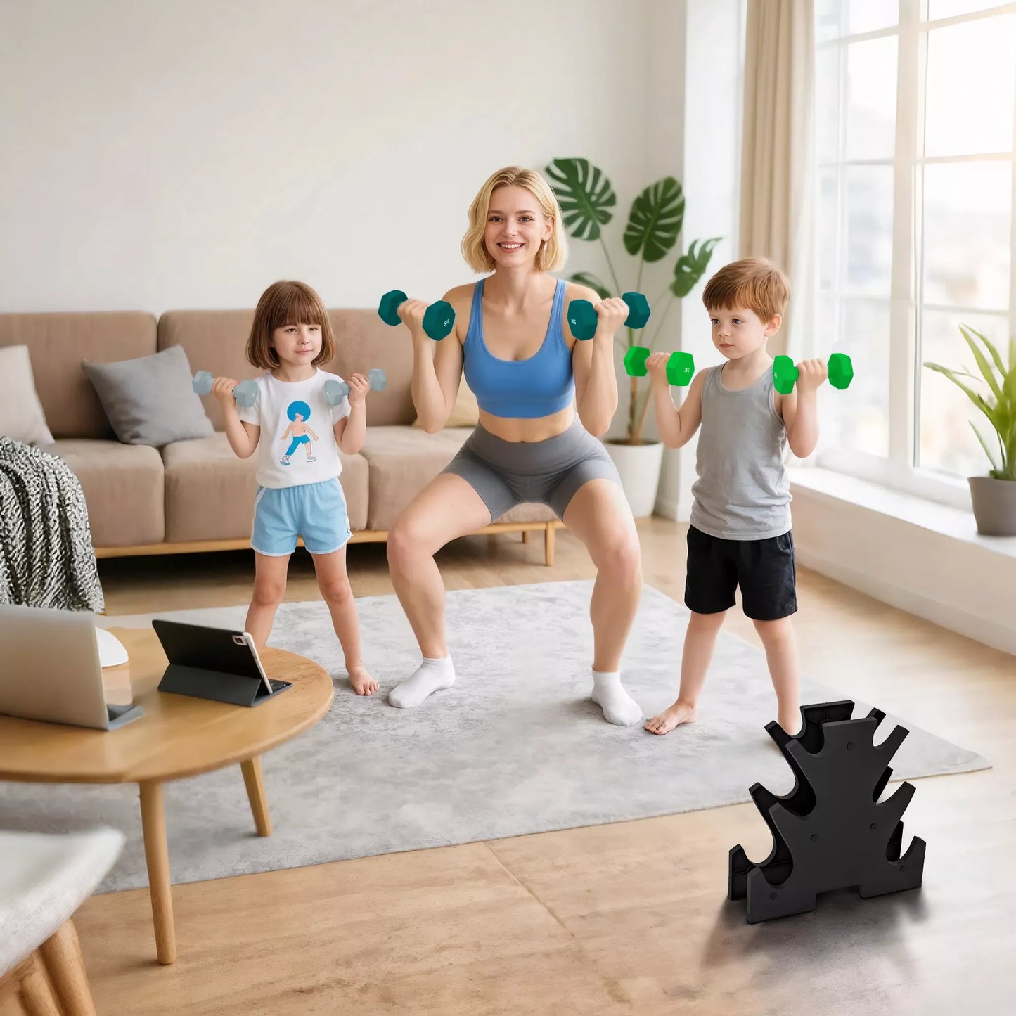 Hantelių rinkinys su laikymo stovu, 6 hantelių komplektas fitneso treniruotėms, 2 x 1kg, 2 x 3kg, 2 x 5kg