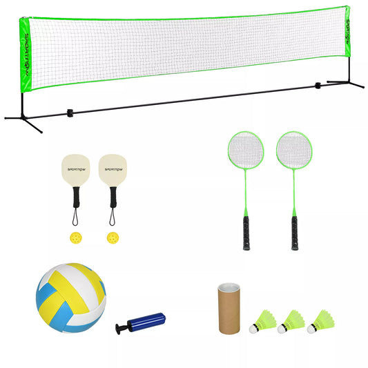 Badmintono rinkinys su 2 raketėmis, 3 plunksniniais kamuoliukais, reguliuojamas aukštis 107-155 cm, Juoda-Žalia