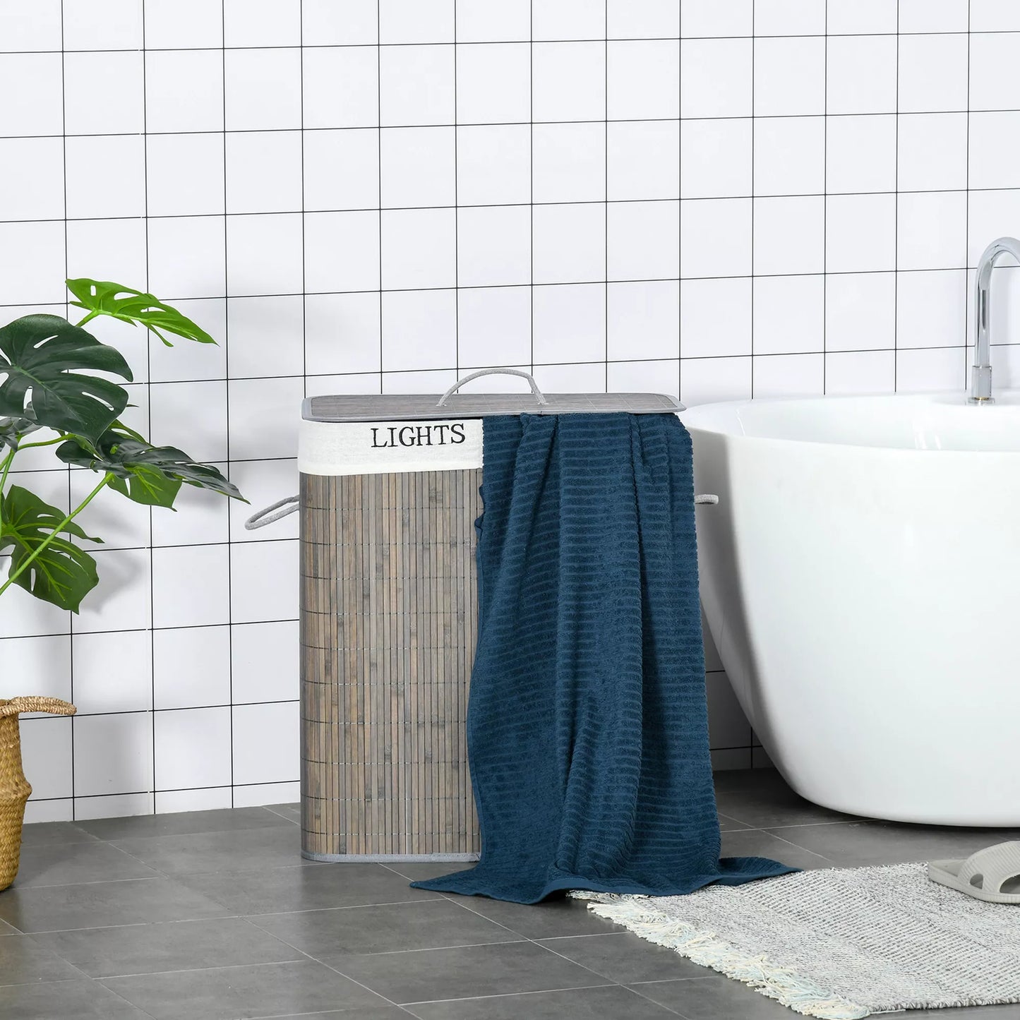 100L skalbinių krepšys su 3 rankenomis, su skalbiamu maišeliu, Bambukas, poliesteris, medvilnė, metalas, 52 x 32 x 63 cm, Pilkas