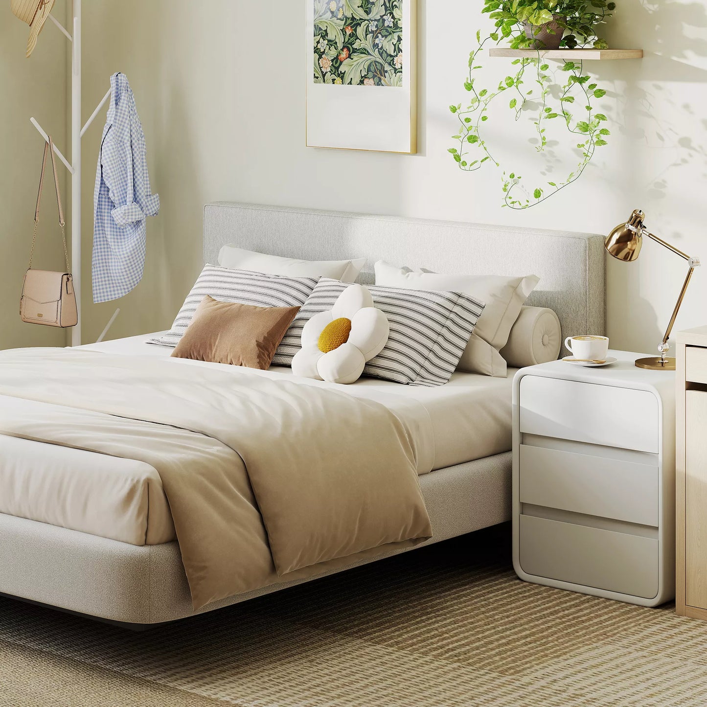 Sieninis galvūgalis lovos apmušalams, 160 x 10 x 60 cm, audinio apmušalas, kreminė balta spalva