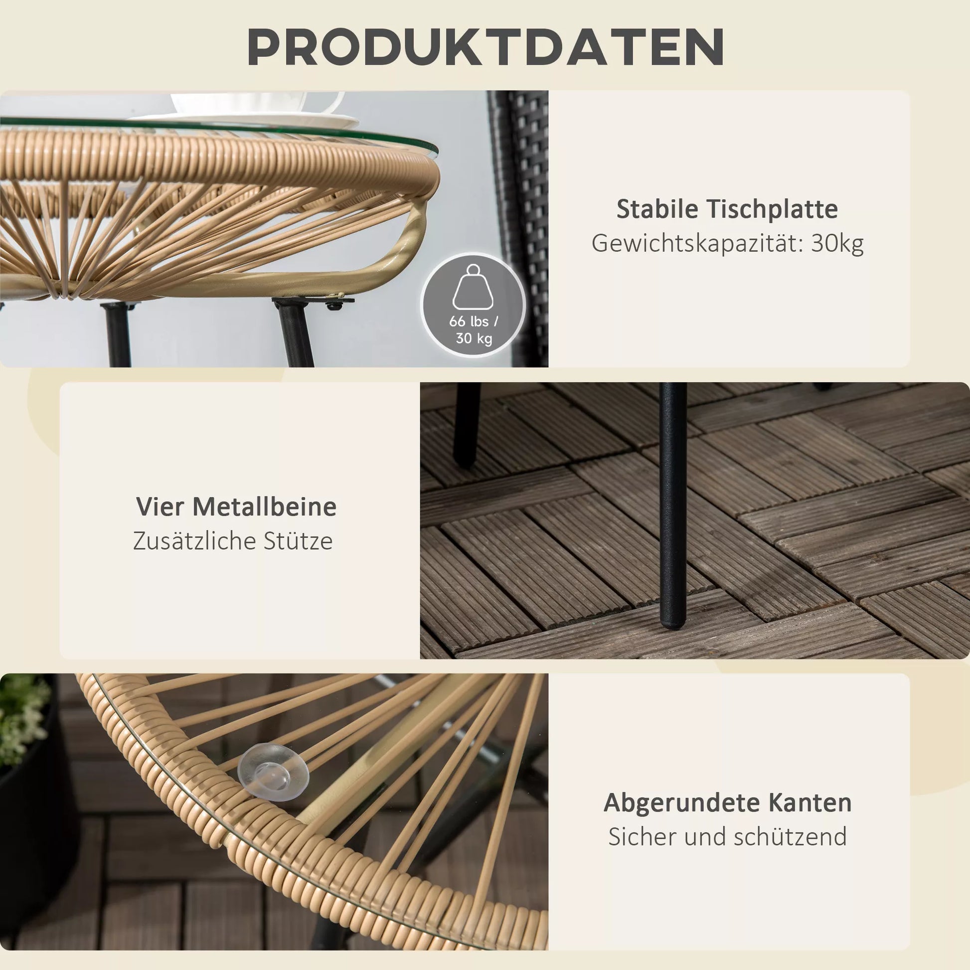 Boho stiliaus sodo stalas, PE rotangas, grūdintas stiklas, atsparus atmosferos poveikiui, 50 cm x 50 cm x 50 cm, smėlio spalvos