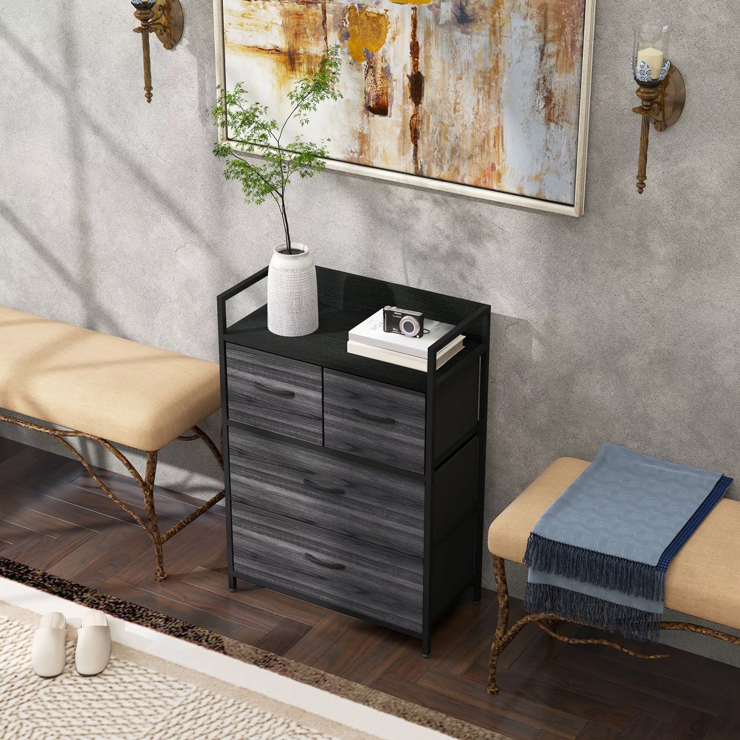 Industrinio stiliaus komoda, keturių medžiaginių stalčių spintelė su metaliniu rėmu, plienas ir tekstilė, mdf, 60x29x85 cm, juoda