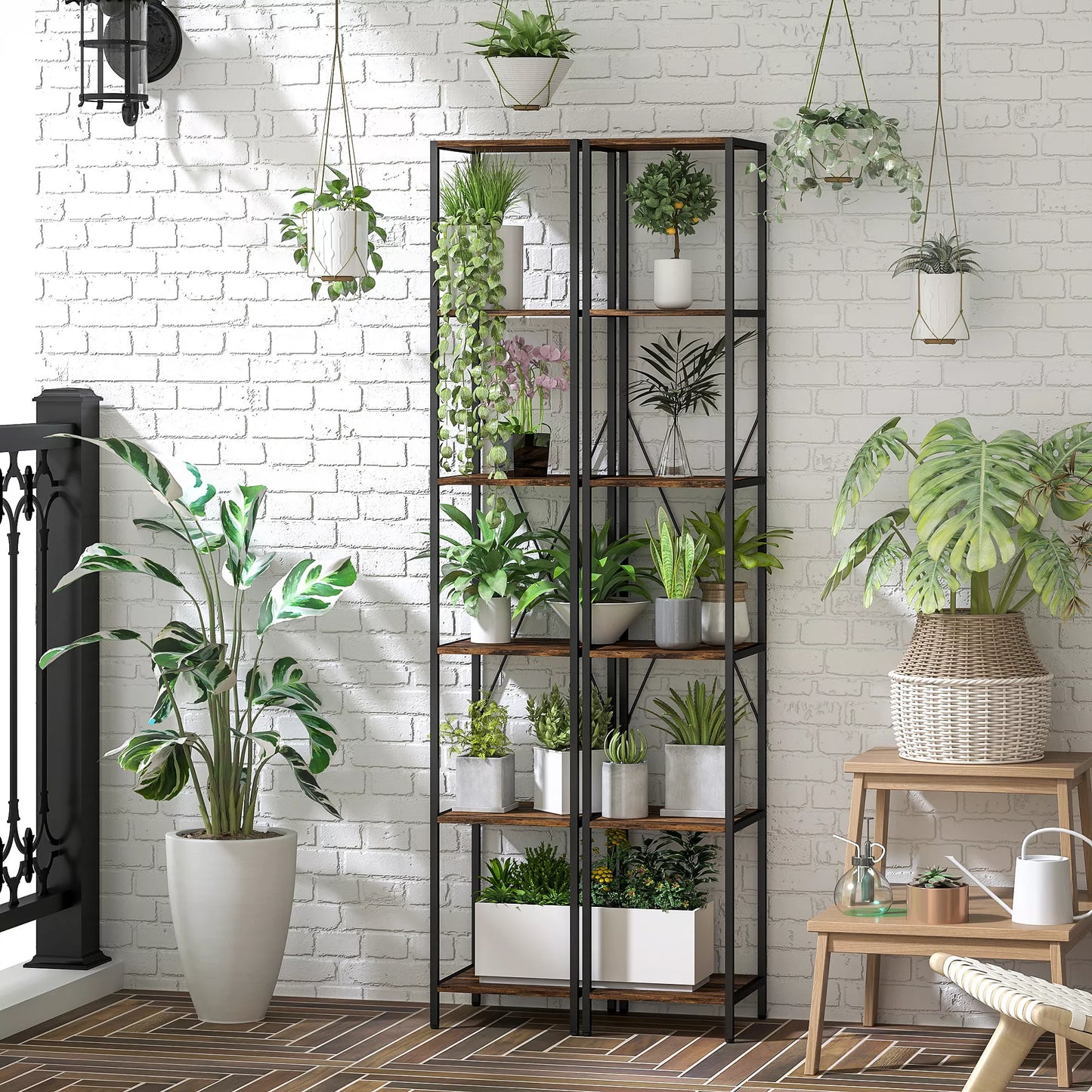 2 vnt. 6 pakopų knygų lentyna, plieninis rėmas, skirta svetainei, biurui, miegamajam, rudai kaimiškos spalvos