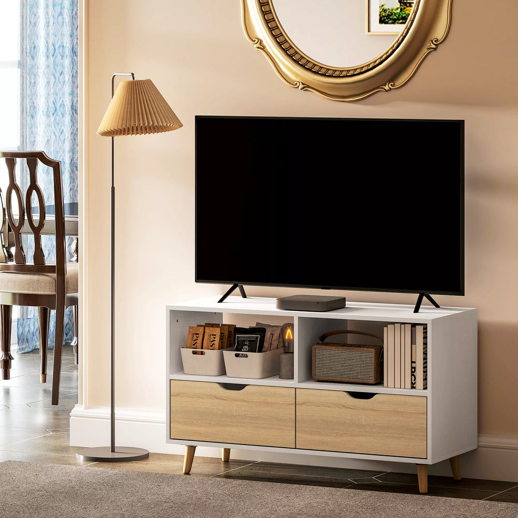 TV spintelė, TV komoda su stalčiais, atviros lentynos, mediena, 99 x 39 x 58 cm, balta