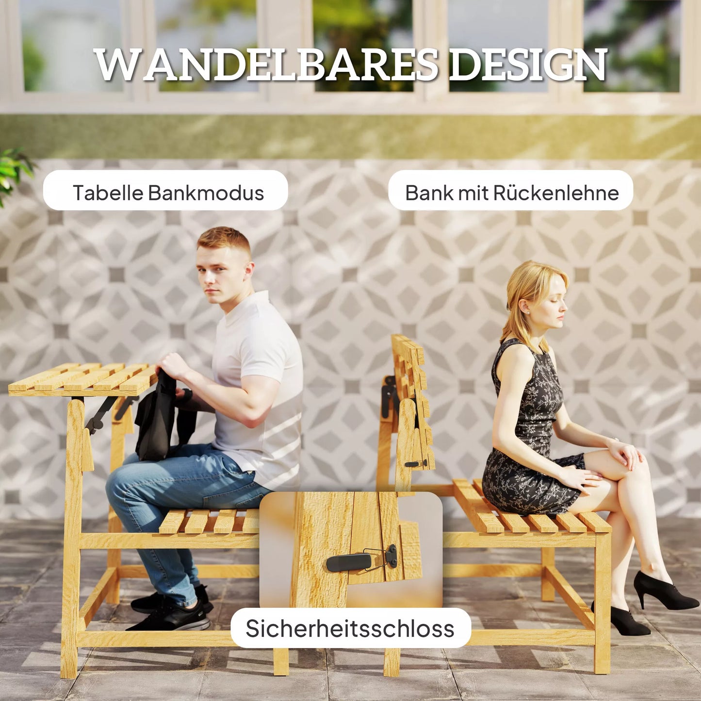 2 vietų medinis sodo suoliukas, atsparus oro sąlygoms, UV spinduliams atsparus lauko baldas su transformuojamomis atlošomis 110x61x89cm, tikmedis