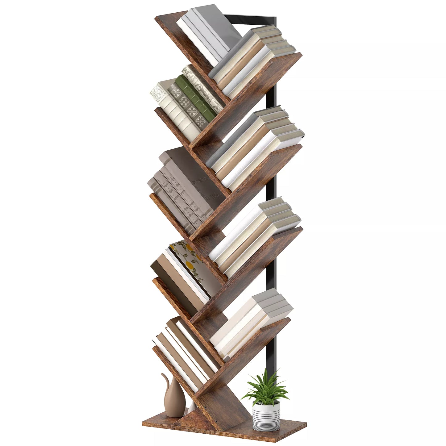 Siaura, 9 lygių, medžio formos pastatoma lentyna biurui, rustiškai rudos spalvos