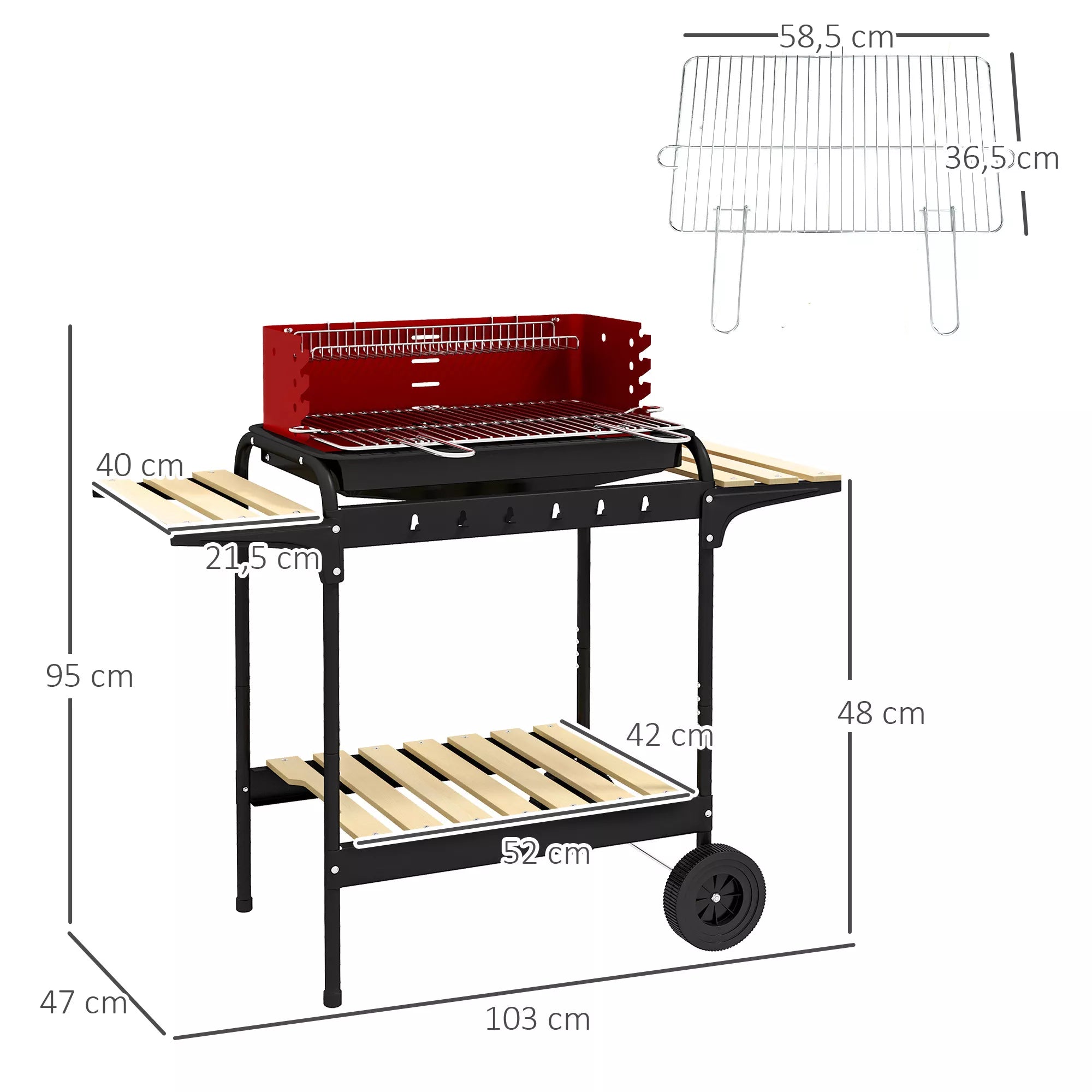 Metalinis anglies grilis BBQ Smoker su ratukais, aukščio reguliuojamas grotelių aukštis, medienos dėklas 103x47x95 cm Raudonas