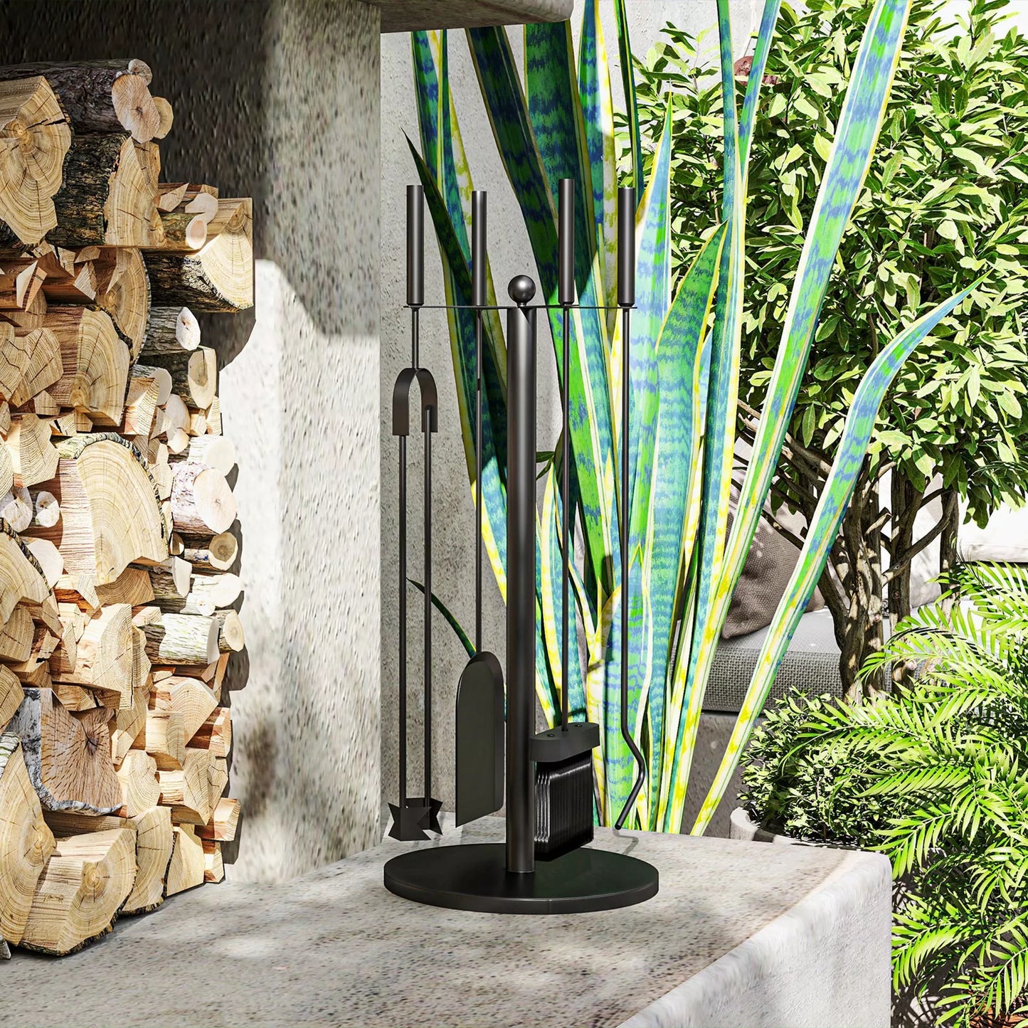 Židinio įrankių rinkinys, 5 dalių, šepetys, kastuvas, žnyplės, angliaraktis ir stovas, ugniai atsparus metalas, juodas