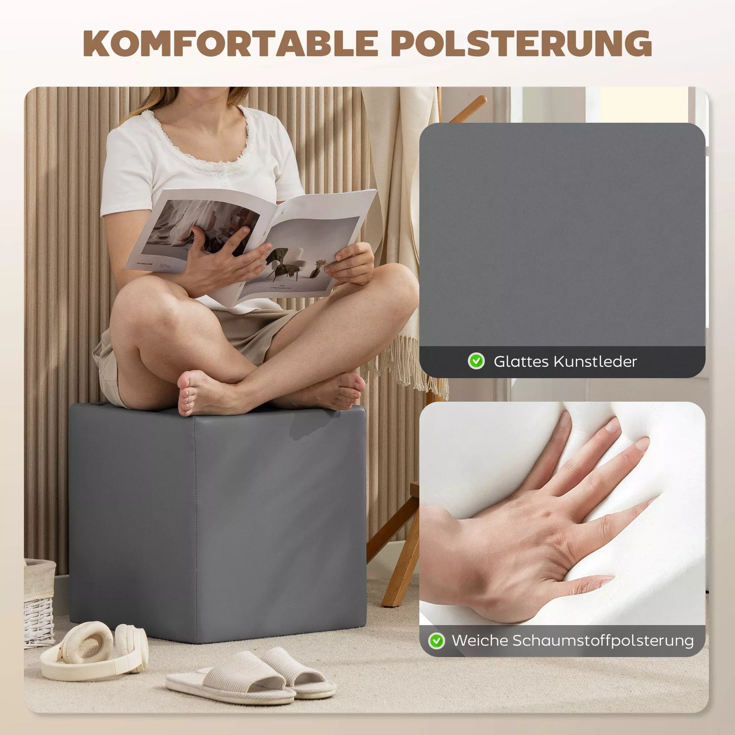 Sėdimoji kėdė su daiktų laikymo vieta Kėdė su dangčiu, kvadratinė pėdos kėdė Sėdimoji kėdė iš dirbtinės odos 40 x 40 x 40 cm Pilka