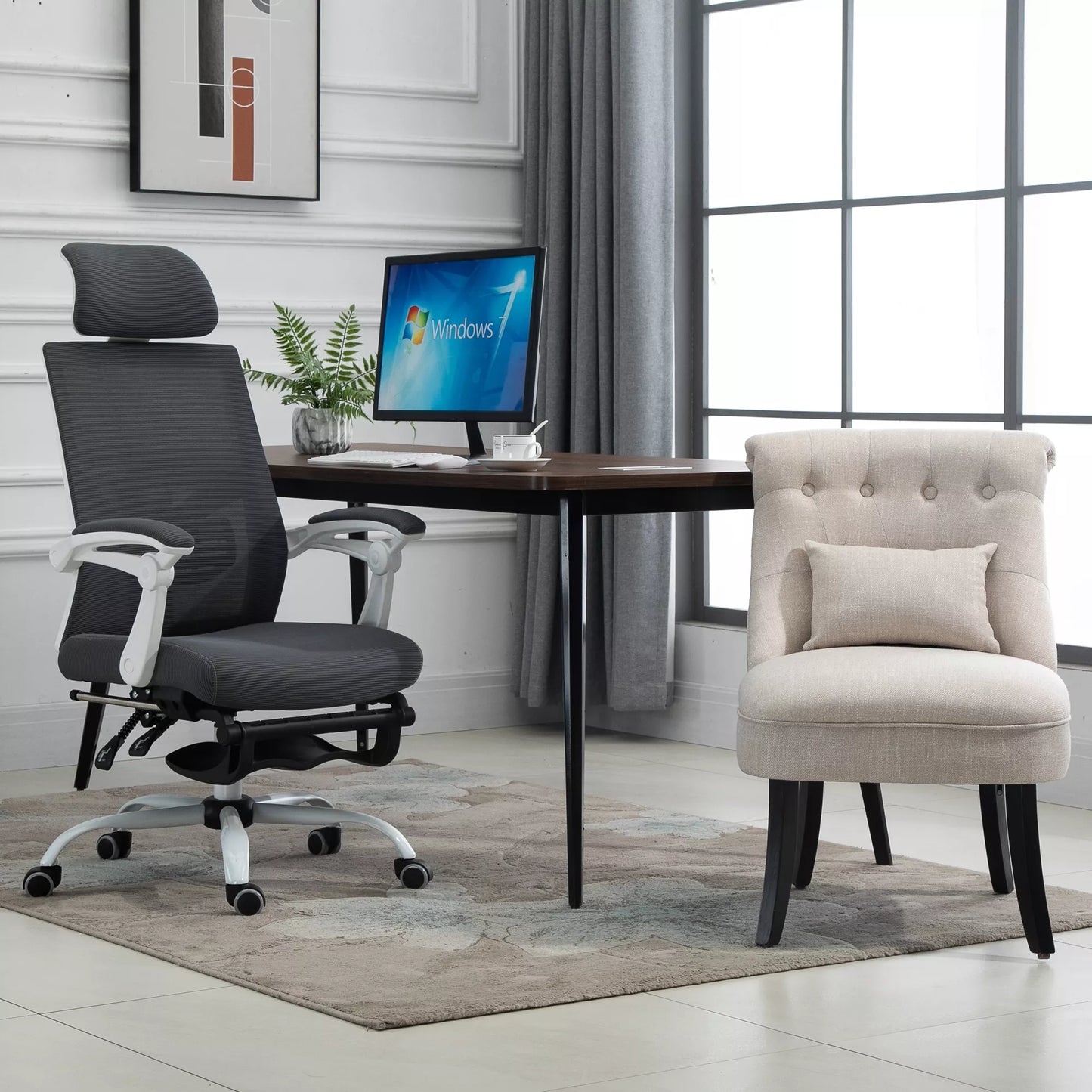 Minkštas fotelis su atlošo pagalvėle, skirtas skaitymui ir poilsiui, audinio apmušalas su lino išvaizda, 52,5 x 69 x 77 cm, kreminės baltos spalvos