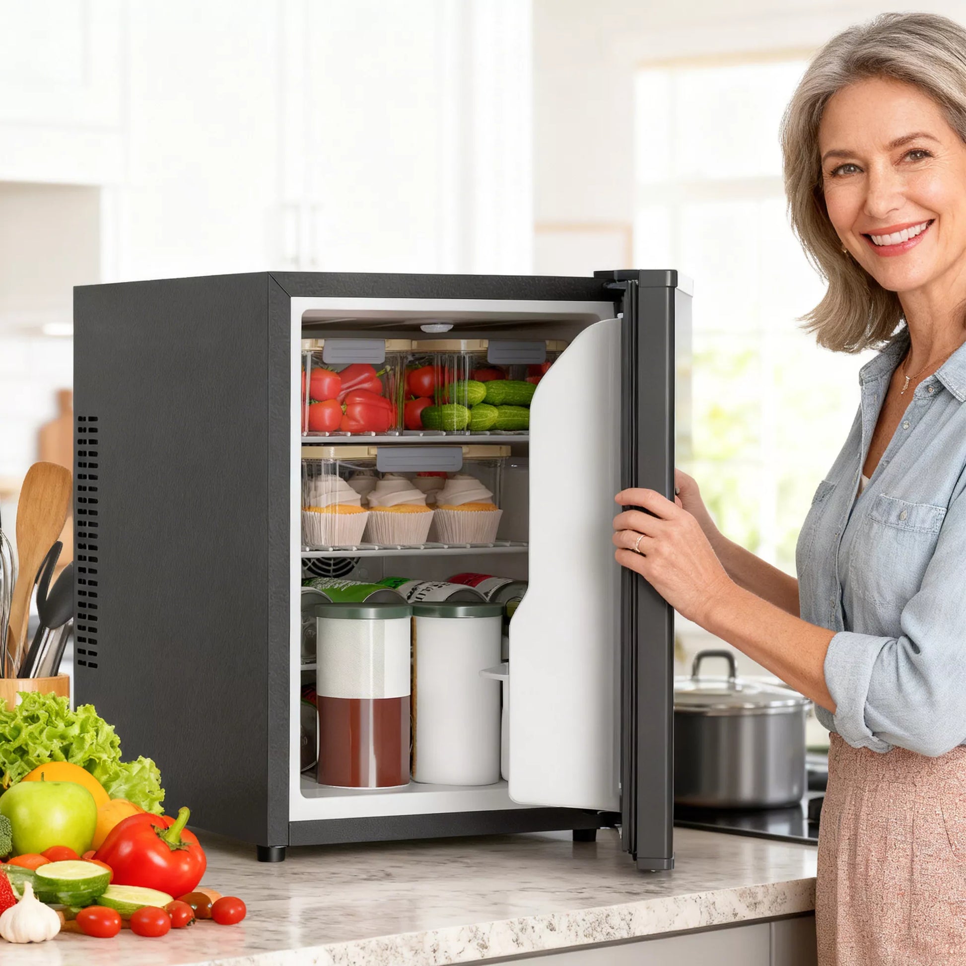 Mini šaldytuvas, mažas kompaktiškas šaldytuvas su reguliuojamu termostatu, 43x51x51,3 cm, juodas