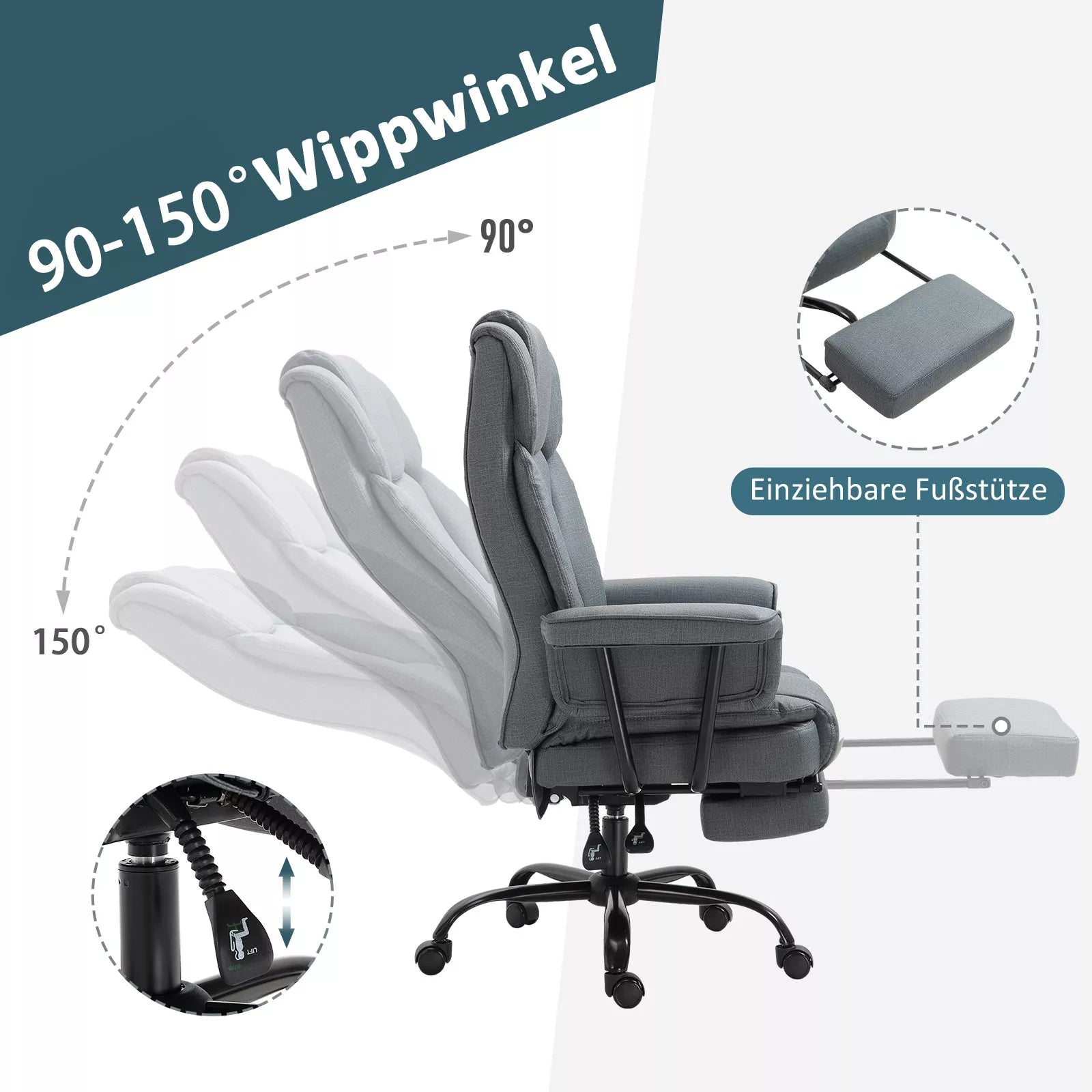 Biuro kėdė Ergonomiška vadovo kėdė 360° pasukama Kompiuterio kėdė su reguliuojamu aukščiu, galvos atrama ir paminkštintomis porankėmis su kojų atrama Dirbtinė oda 68 x 80 x 120–126 cm
