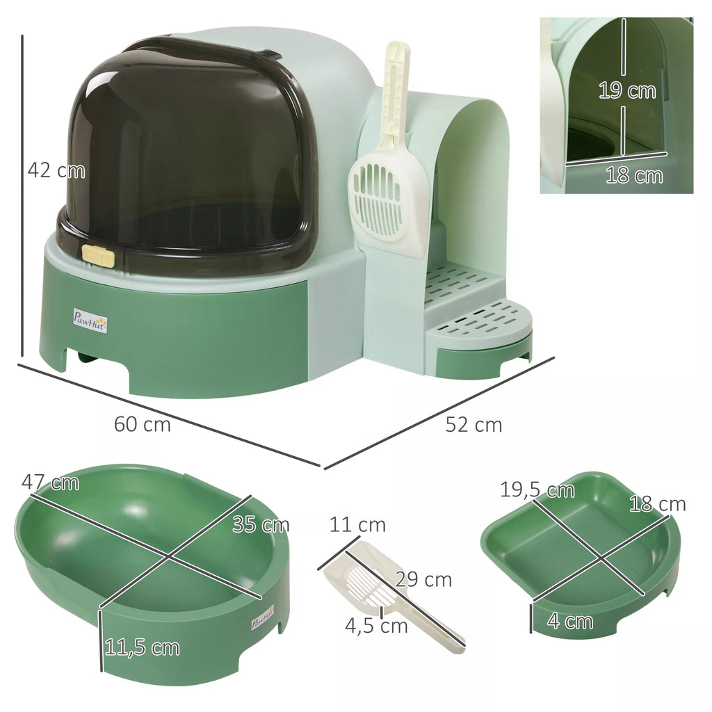 Katės tualeto schema su matmenimis 60, 52 ir 42 cm bei priedais