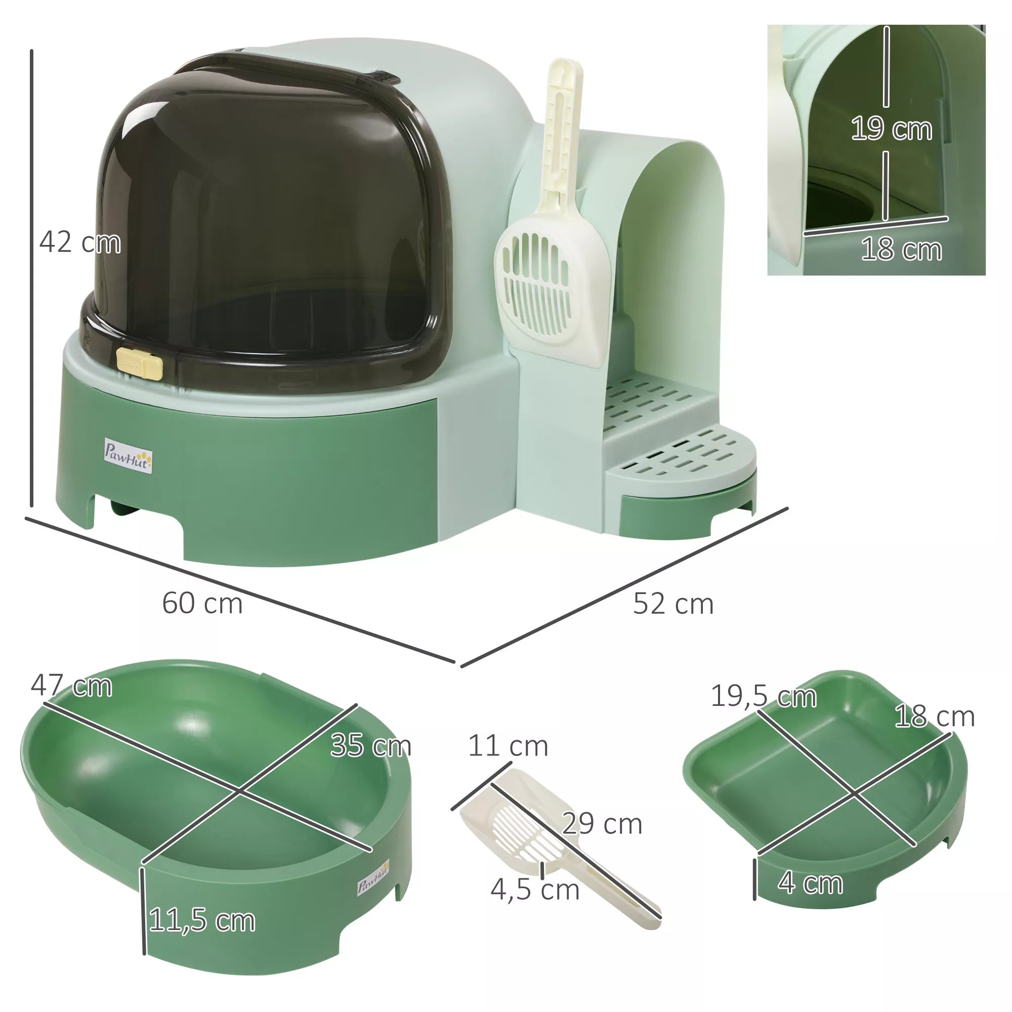 Katės tualeto schema su matmenimis 60, 52 ir 42 cm bei priedais