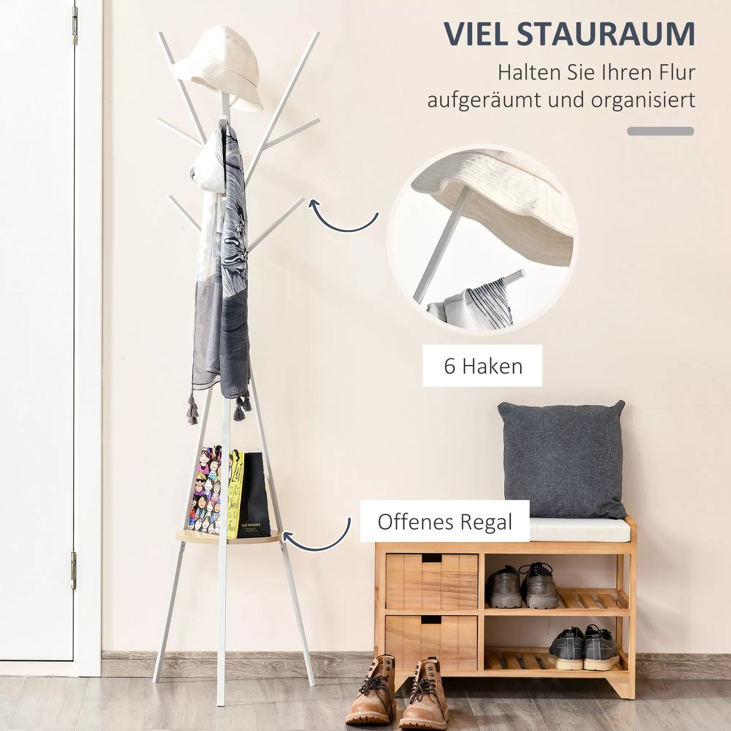 Drabužių kabykla su lentyna ir 8 kabliukais, šiuolaikiška drabužinė drabužiams, kepurėms, rankinėms laikyti, skirta svetainei, balta