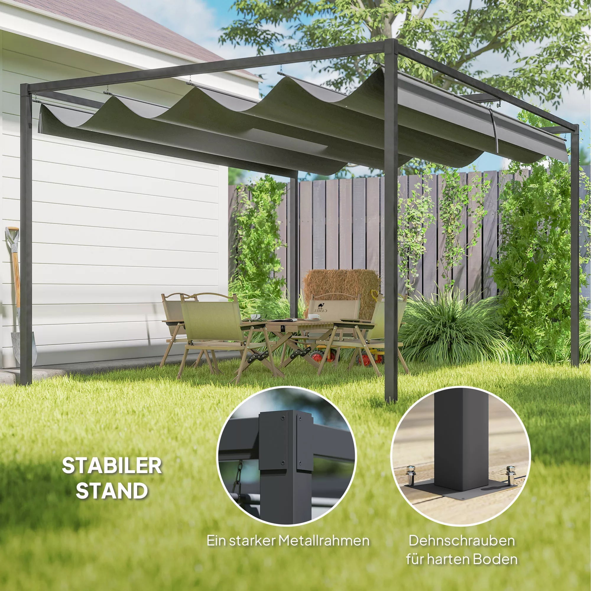 Pergola, tvirta saulės apsauga sodui, balkonui, terasai, pagaminta iš metalo ir plastiko, atspari UV spinduliams ir vandeniui, tamsiai pilkos spalvos
