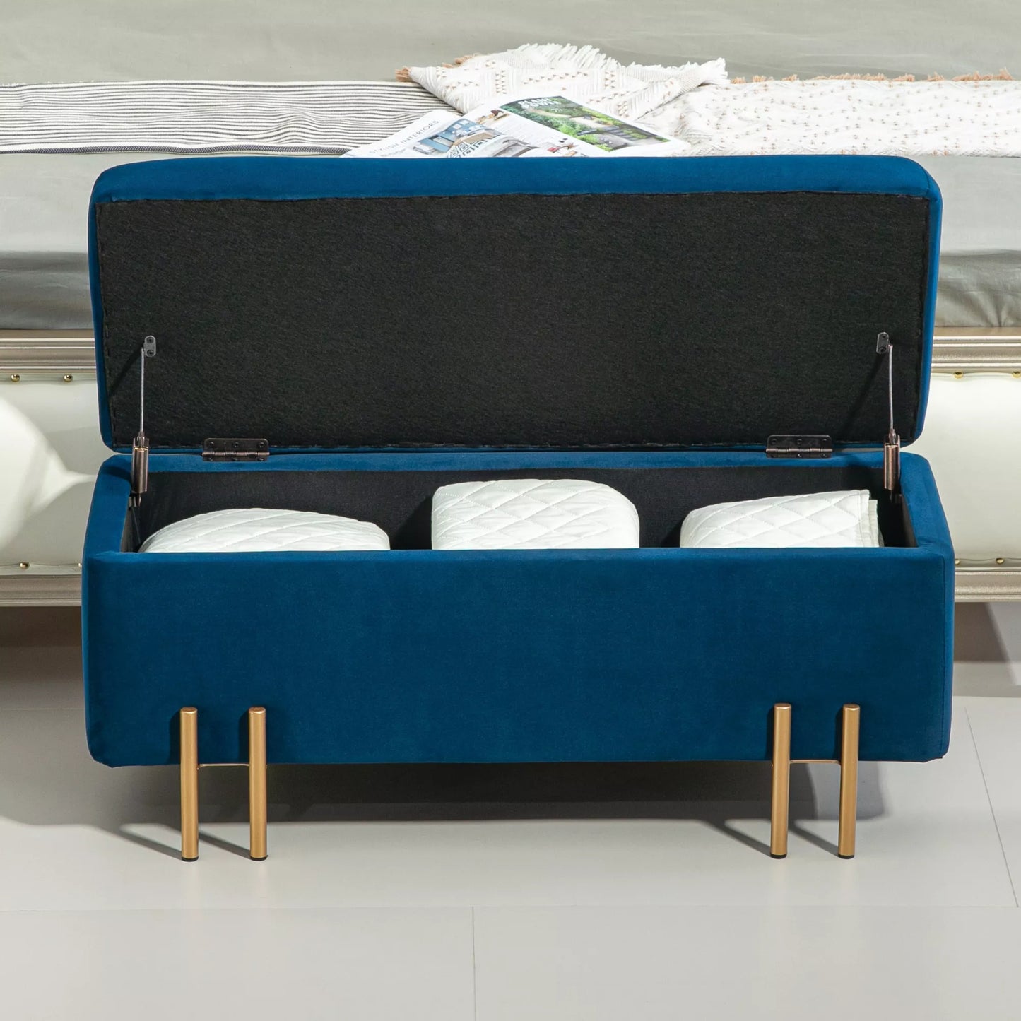 Sėdynė su daiktadėže, minkšta, metalas, kaučiuko mediena, putplastis, 100 x 40 x 42 cm, tamsiai mėlyna