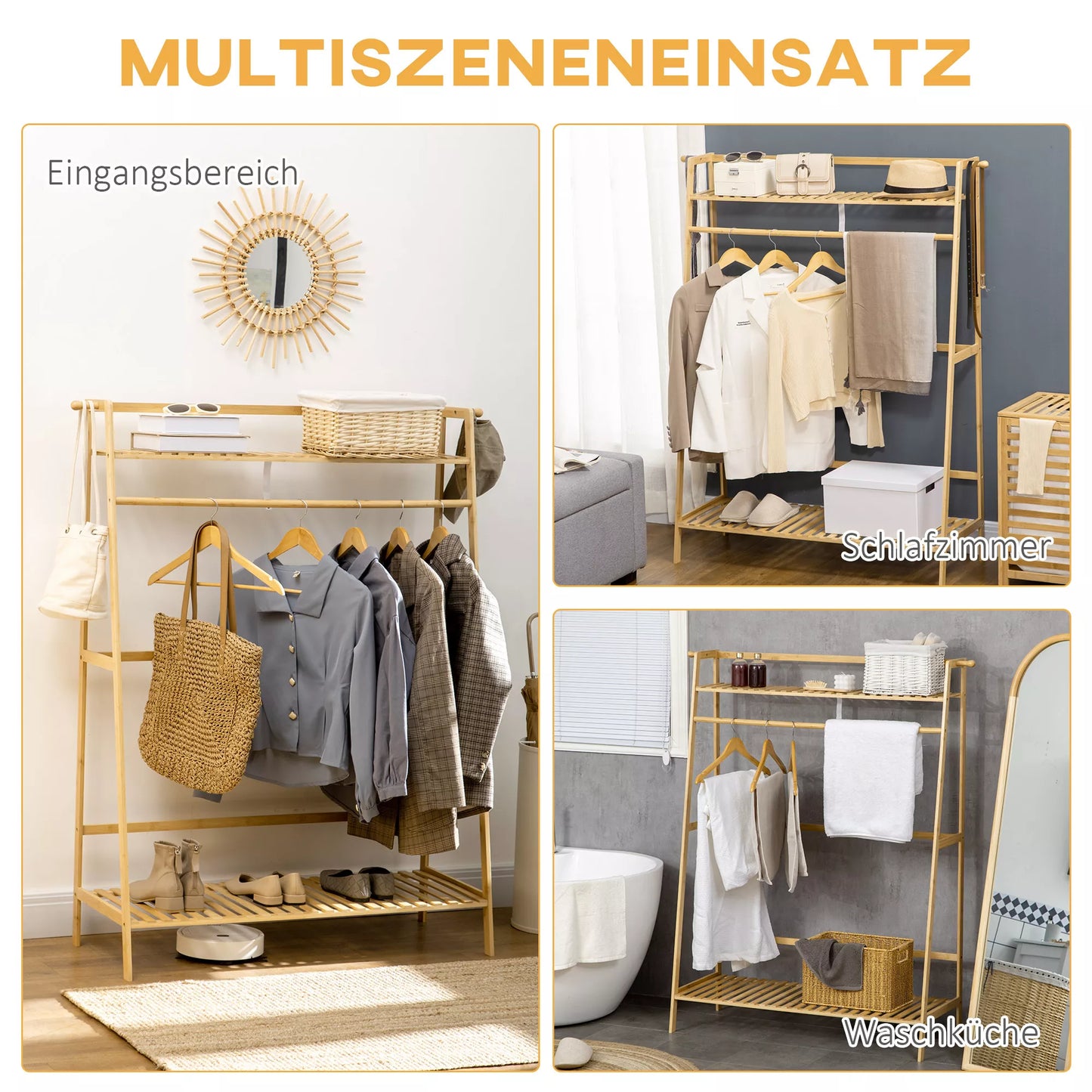 Drabužių stovas iš bambuko, 2 pakabos kabliukai, drabužių kabykla, 2 lentynos, 114 x 40 x 139 cm