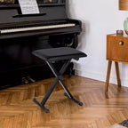 Juodas pianino suolas priešais juodą pianiną svetainėje su parketo grindimis