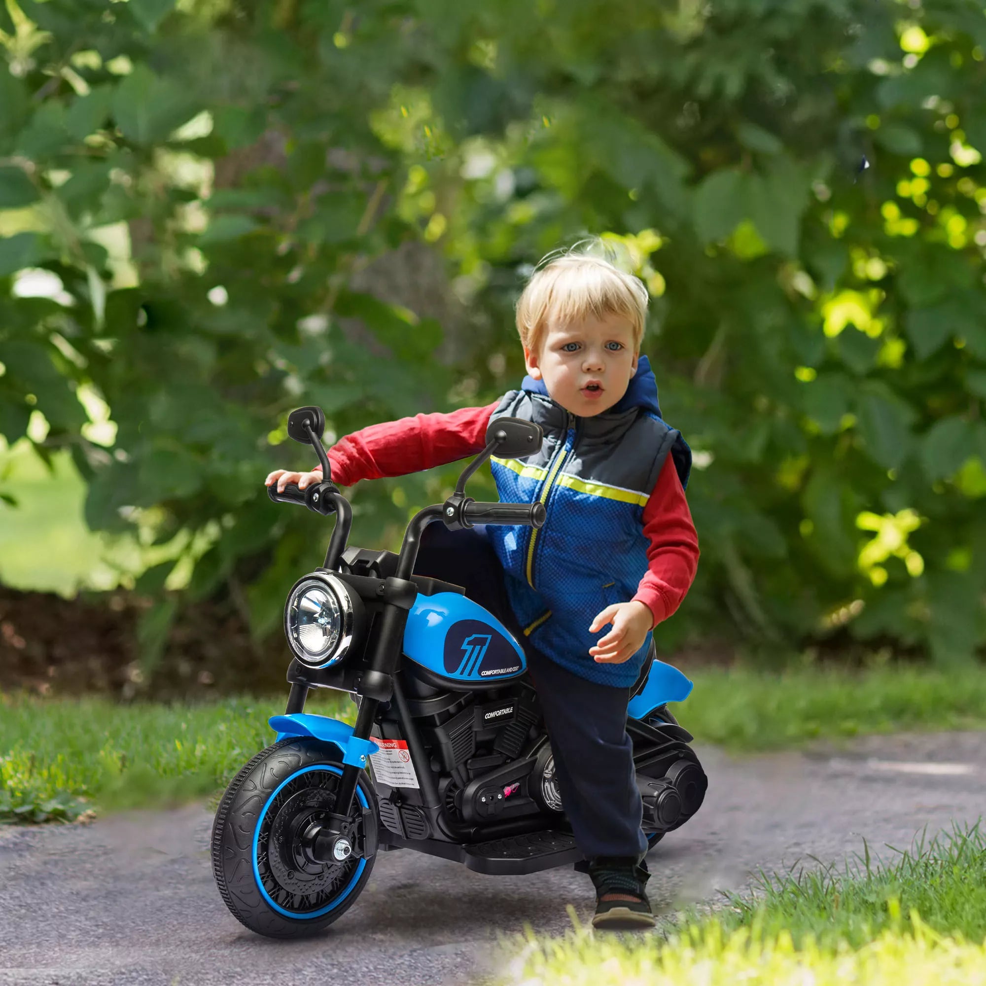 Elektrinis vaikų motociklas, elektrinis vaikų transporto priemonė, su žibintais, 3 km/h, mėlyna + juoda