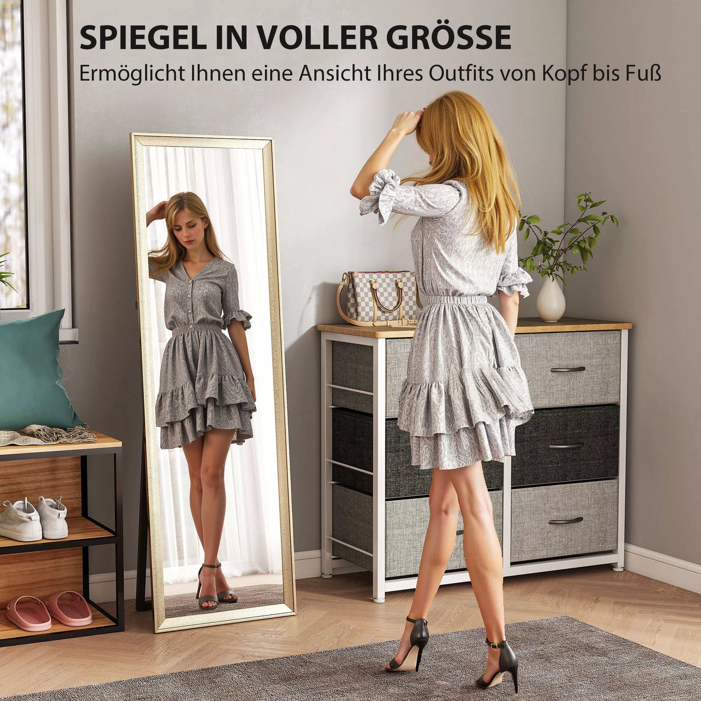 Visą kūną atspindintis veidrodis, lanksčiai montuojamas, 160 x 50 cm, aukso spalvos