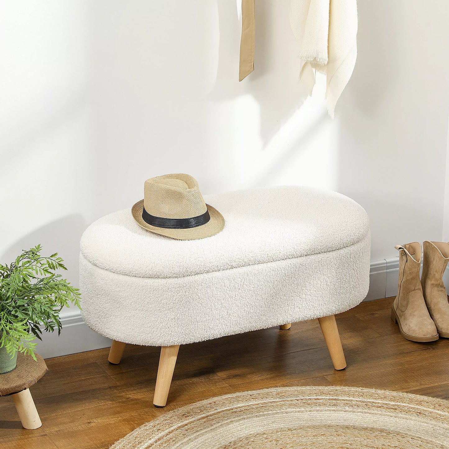 Suolas su daiktadėže ir dangčiu, pufas prieškambariui, svetainei, miegamajam, medžio, audinio apmušalas, baltas