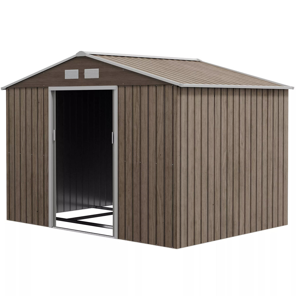 Įrankių sandėliukas, 2 stumdomos durys, 4 langai, atsparus atmosferos poveikiui, metalinis korpusas, 2,7 x 1,9 x 1,9 m, rudos spalvos