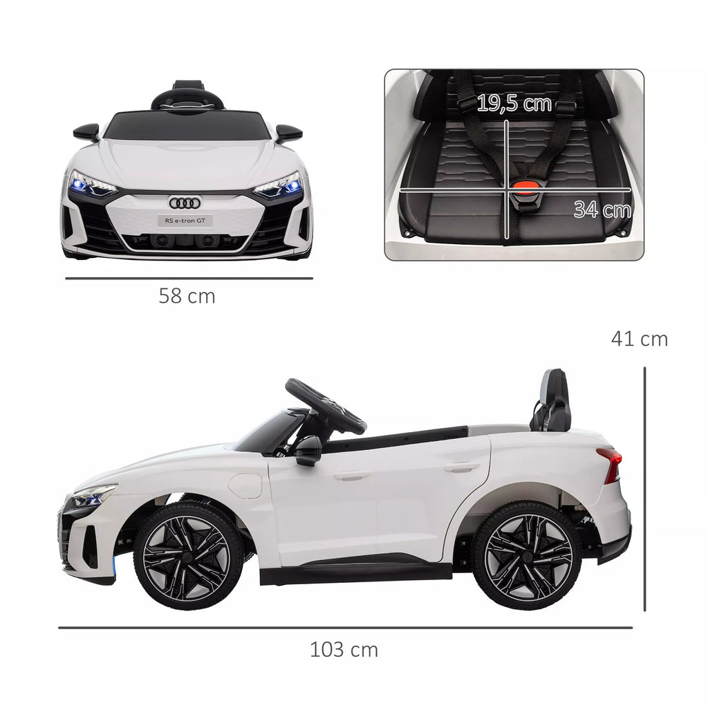 Vaikų elektrinis automobilis „Audi RS e-tron GT“ su saugos diržu, nuotolinio valdymo pultu, žibintais, muzikos funkcija, baltas, 103 x 58 x 41 cm