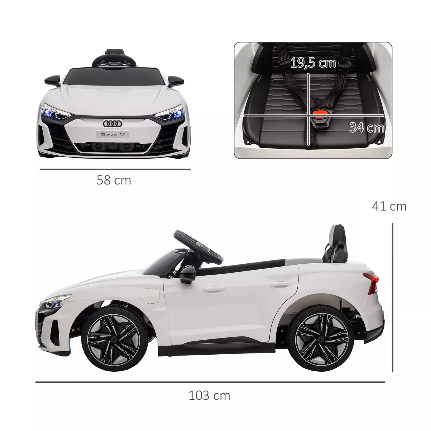 Elektrinis automobilis vaikams Audi RS e-tron GT su saugos diržu, nuotolinio valdymo pulteliu, priekiniais žibintais, muzikos funkcija, baltas, 103 x 58 x 41cm