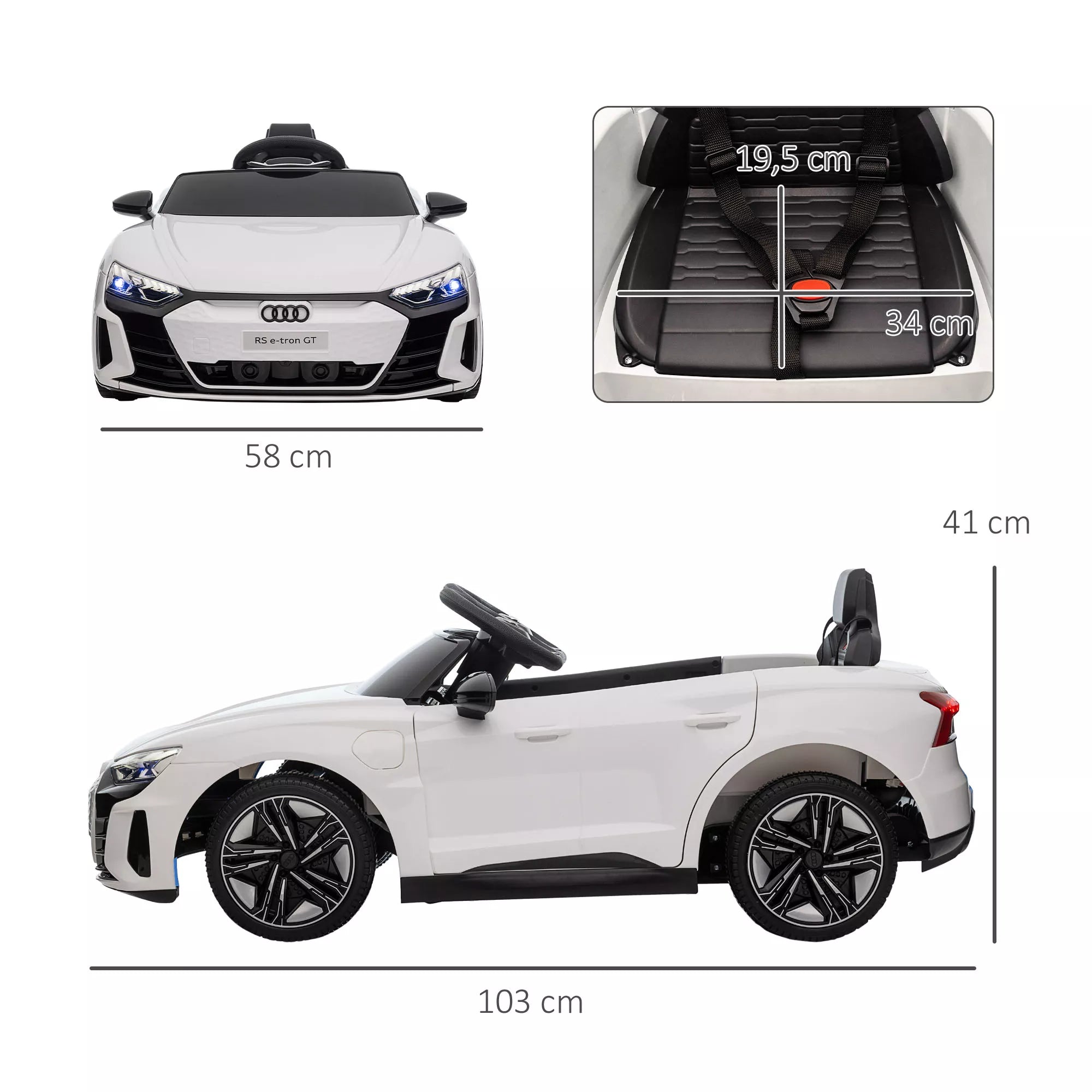 Vaikų elektrinis automobilis „Audi RS e-tron GT“ su saugos diržu, nuotolinio valdymo pultu, žibintais, muzikos funkcija, baltas, 103 x 58 x 41 cm