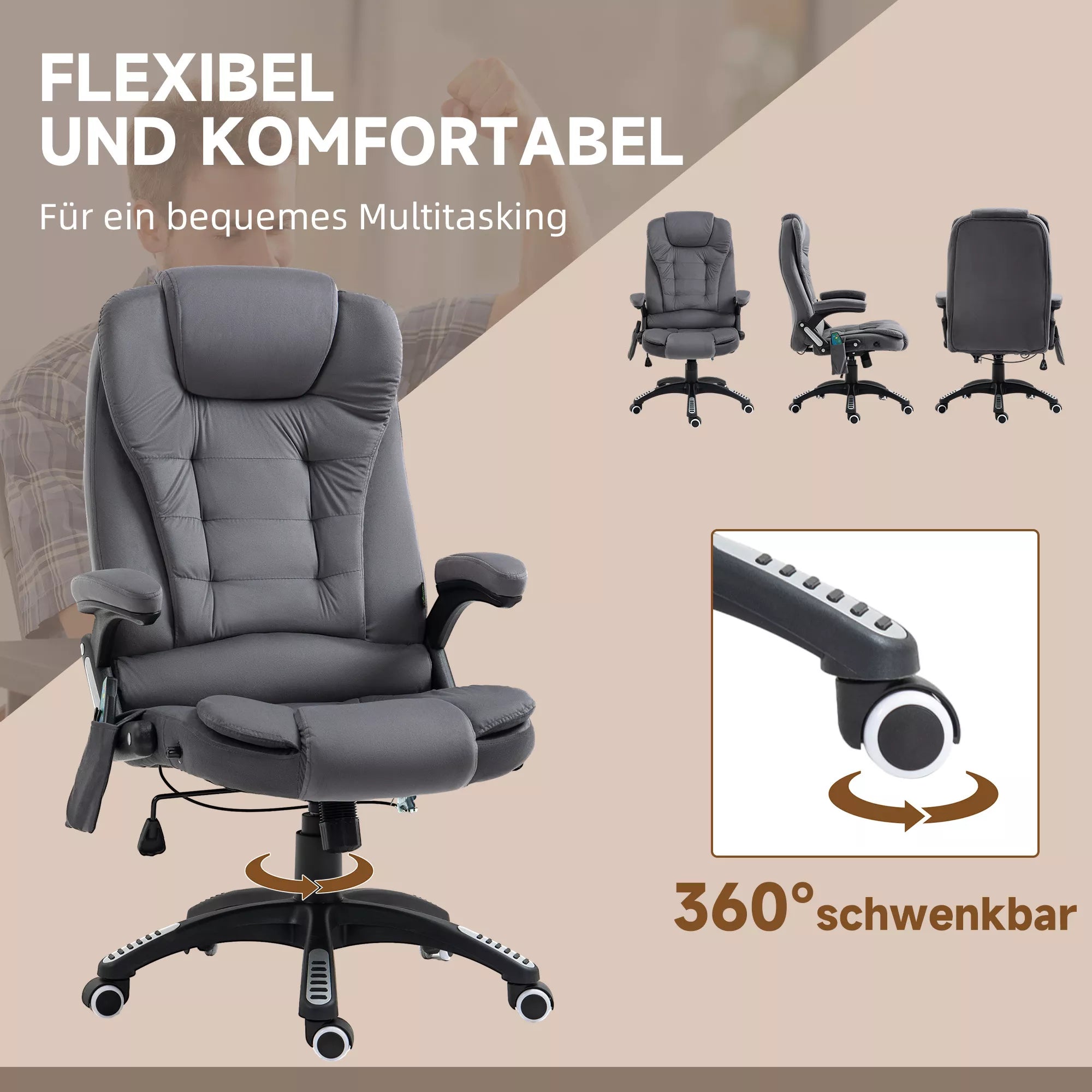 Vinsetto Biuro kėdė su masažo ir šildymo funkcija, ergonomiška, reguliuojamo aukščio, tamsiai pilka